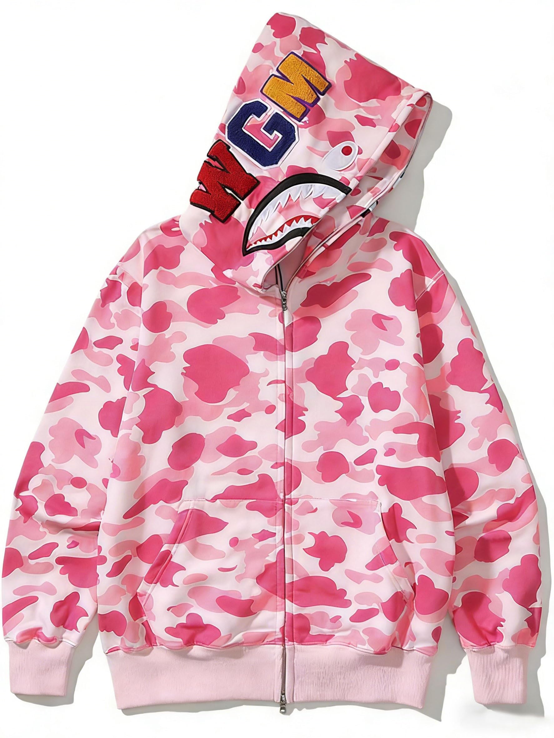 Unisex Camouflage Hoodie with Shark Embroidery, Full Zip, Lightweight Couple sweatshirts heavyweight hoodie