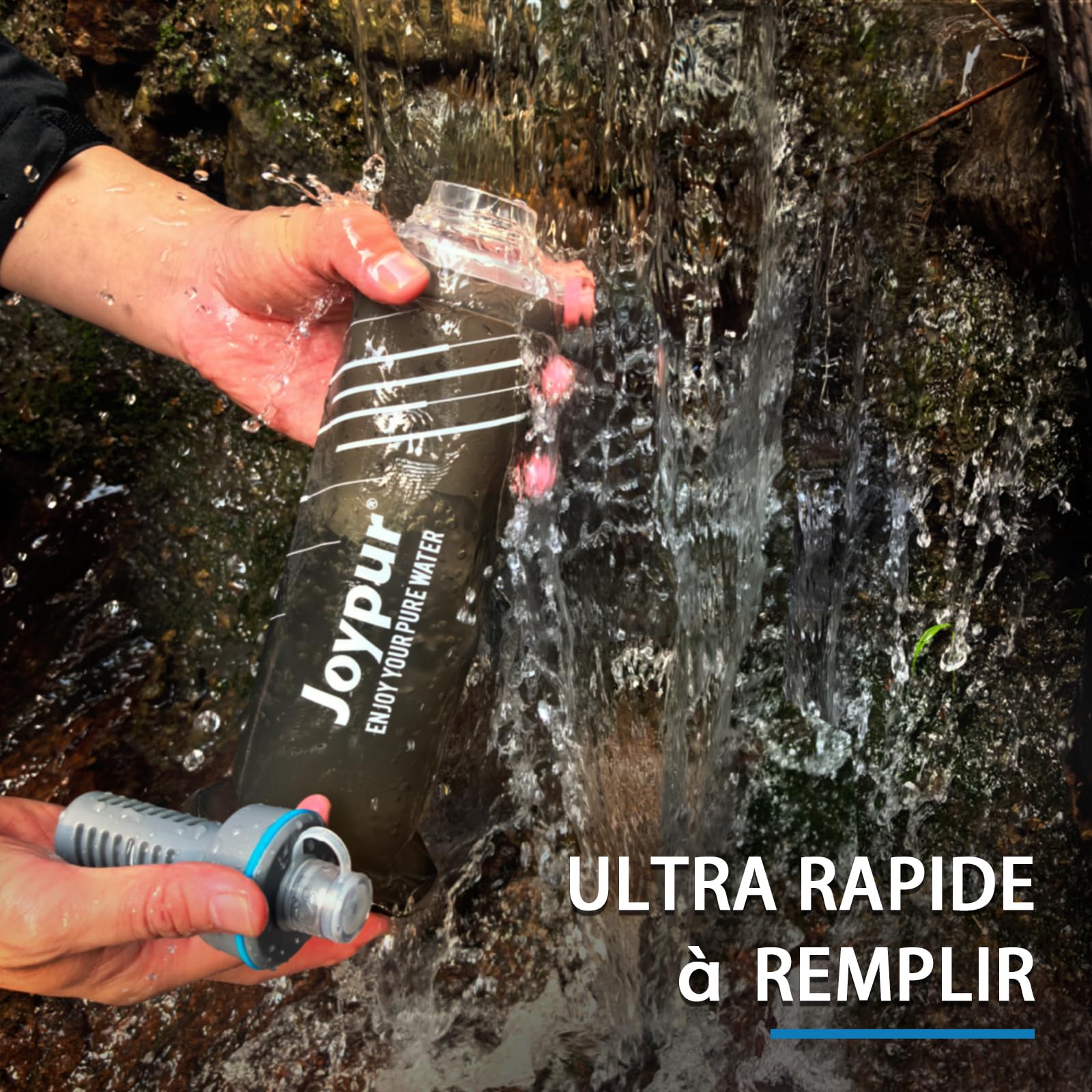 Bouteille Eau Pliable avec Filtre 1000ml, Filtre à Eau Portable 3 Couches, Élimine 99.9999% des Impuretés, Ultra-léger 100g, Pour Randonnée Camping Survie, TPU Qualité Alimentaire (Gris)