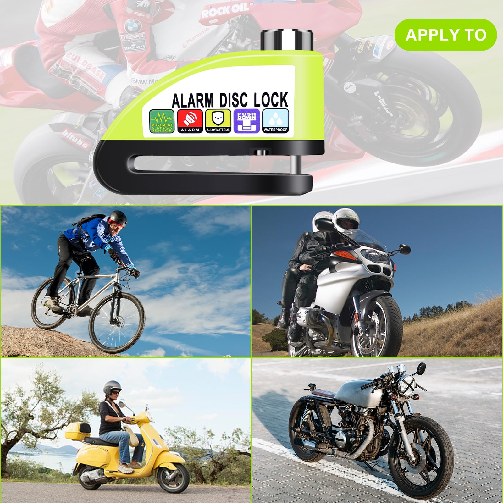 Anykuu Lucchetto Antifurto Moto Bloccadisco Moto Impermeabile Portatile da 7 mm con Allarme Sonoro 110DB e 1.5m Reminder Cavetto per Scooter Allarme Bloccadisco Bici
