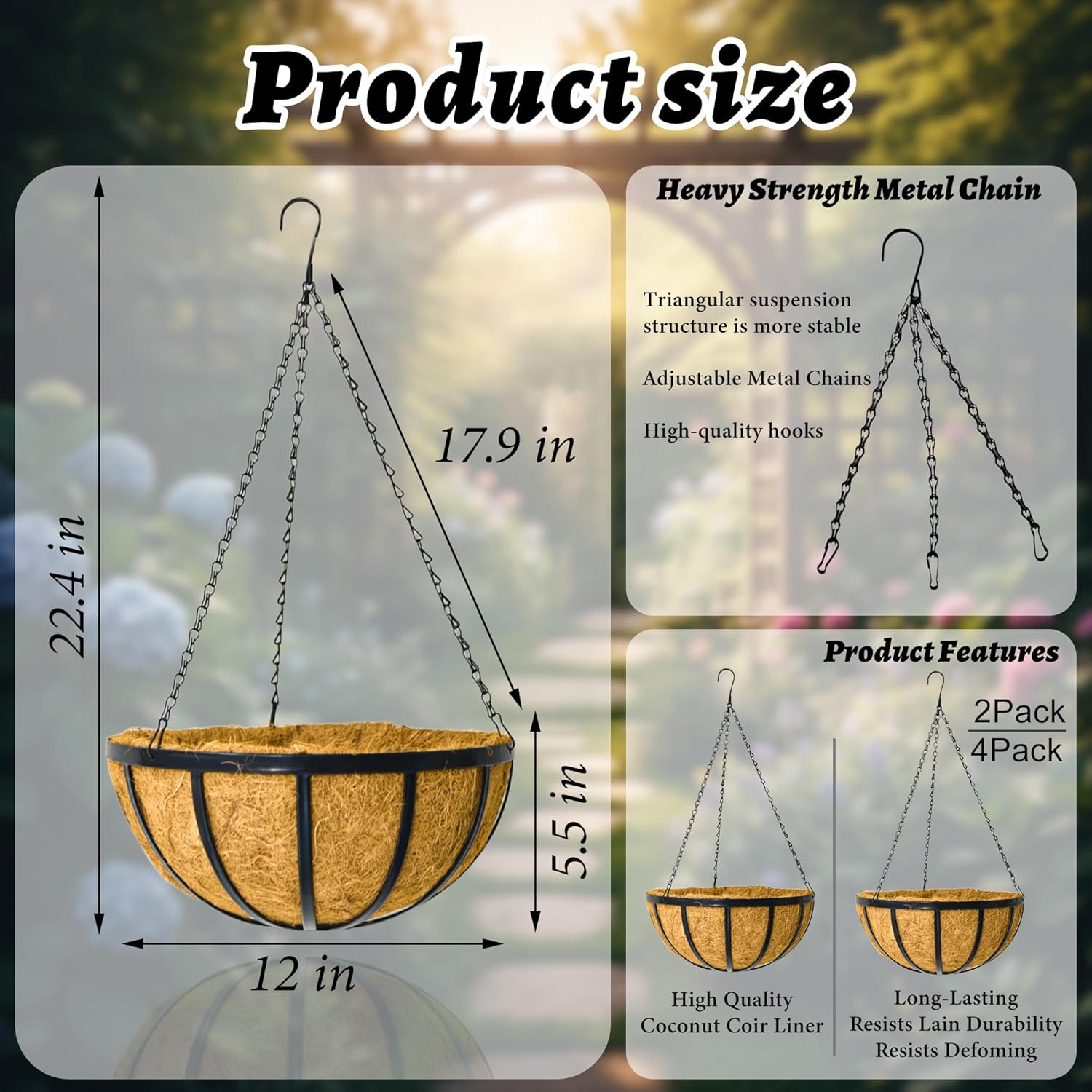 12 Inch 2 Pack Metal Hanging Planter Basket with Coconut Fiber Liner Hanging Plant Flower Pot for Home Garden Patio Decoration,Metal Flat Iron Pattern （Flat Iron Pattern）