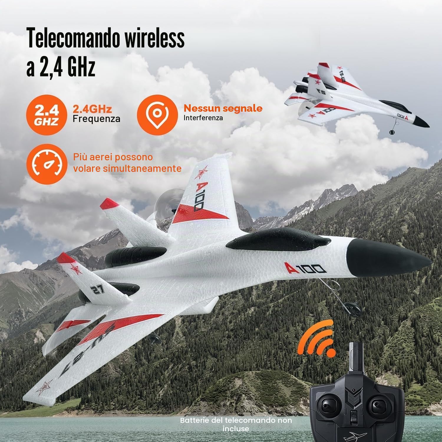 VEVOR Aereo radiocomandato, 2,4 GHz, 4 canali, con stabilizzatore giroscopico a 6 assi e 2 batterie, pronto a volare SU-27, aereo da combattimento, giocattolo per adulti, bambini, principianti, regalo