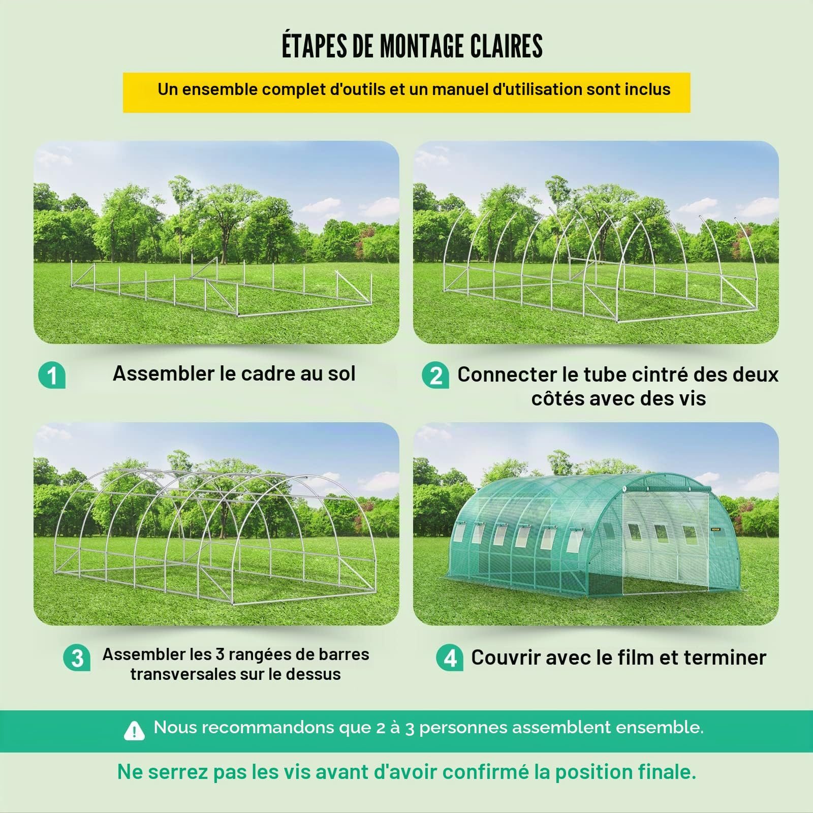 VEVOR Serre Tunnel Jardin 6,1x3x2,1 m Tente Abri Plantes Cadre en Acier Galvanisé Couverture Étanche PE 3 Poutres Supérieures 4 Poteaux Diagonaux 2 Portes 12 Fenêtres pour Cultiver Légumes Fleurs Vert