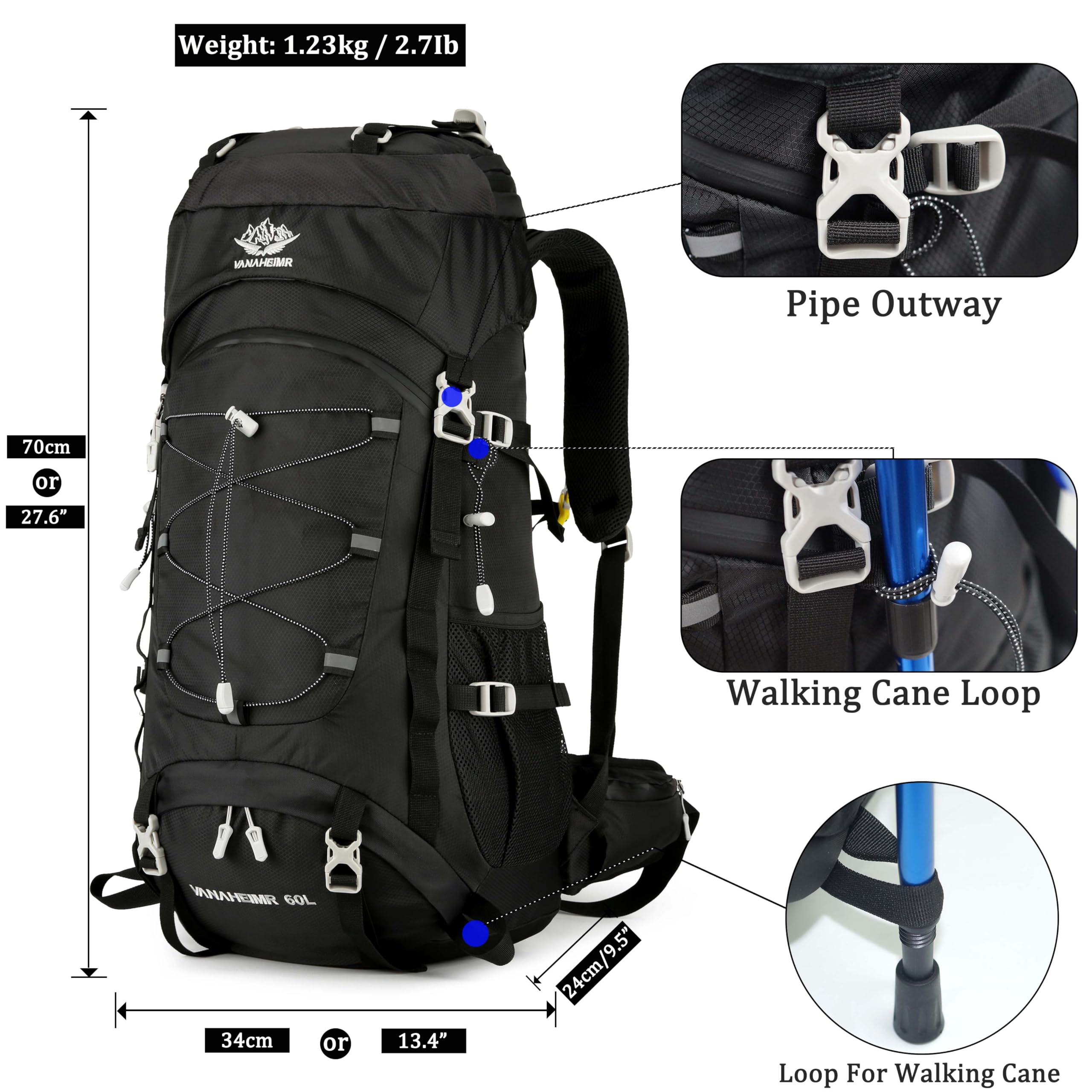 60L Reise-Wander-Camping-Rucksack mit Regenschutz, Rucksack wasserabweisend, Kletterrucksack for Männer Frauen(Black)