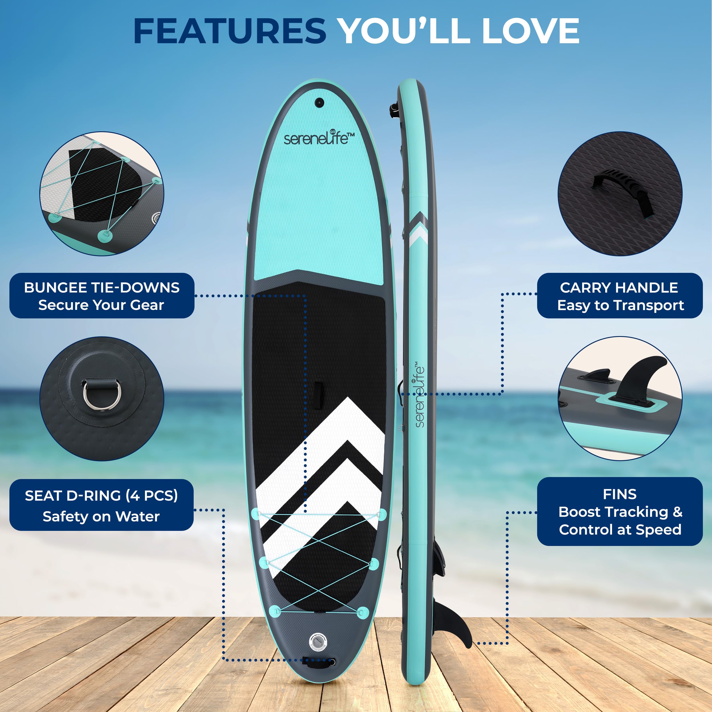 SereneLife dmuchana deska SUP 11’ – przyjazna dla zwierząt deska paddleboard dla dorosłych i wspólnych przejażdżek ze zwierzętami – szerokość 35”, antypoślizgowa powierzchnia EVA, udźwig 440 lbs