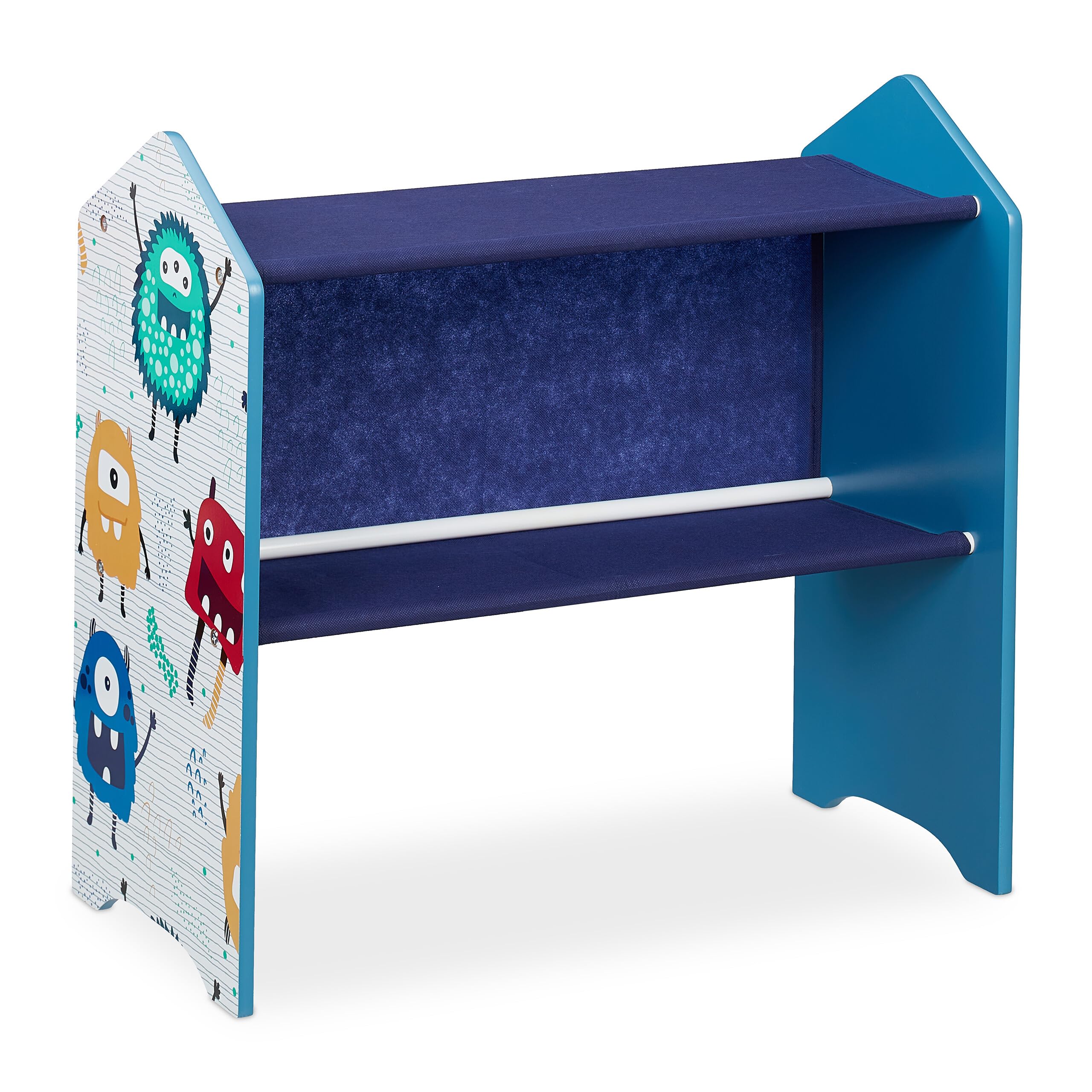 Relaxdays Estantería Infantil, 6 Cajas Tela, Monstruos, Librería Niños, Ruedas, 66x63,5x30cm, Caja Juguetes, Multicolor