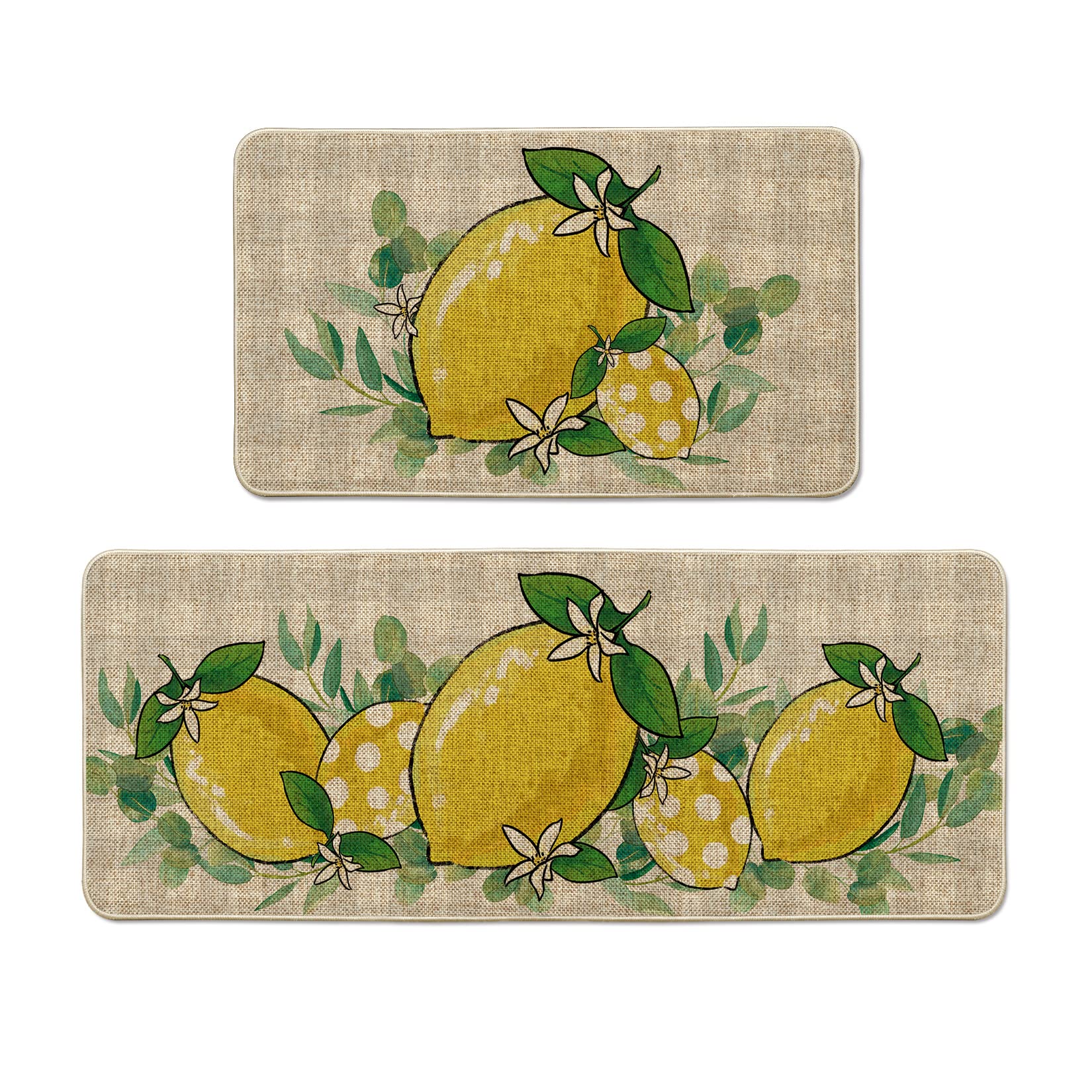 Artoid ModeWatercolor Lemon Eucalyptus Summer Kitchen Mats Set of 2, Home Spring Decor Low-Profile Kitchen Rugs for Floor - 17x29 and 17x47 Inch