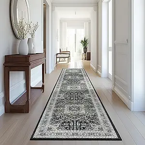 Madane Hallway Washable Runner Rug 2x10, Vintage Kitchen Rugs Soft Entryway Rug Runner Non Slip Indoor Floor Carpet for Bathroom Living Room Bedroom, Grey Green/Black Olive