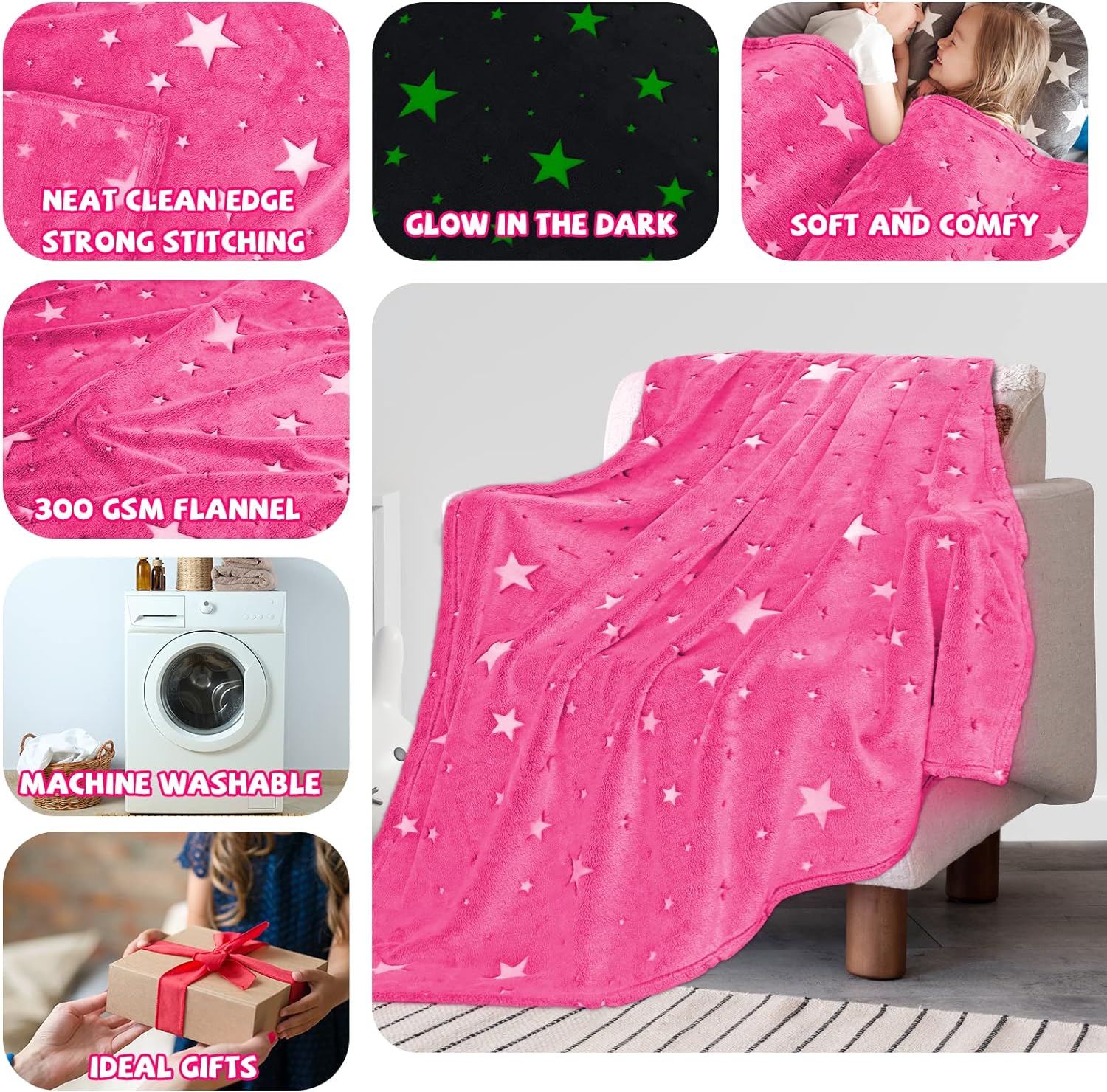 Glow in The Dark Blanket for Kids Unique Birthday Gifts for Girls Boys Teens Soft Cozy Warm Fuzzy Cute Throw Blanket All Seasons Pink Glowing Stars Blankets for Couch Sofa Bed 50"×60" - Image 6