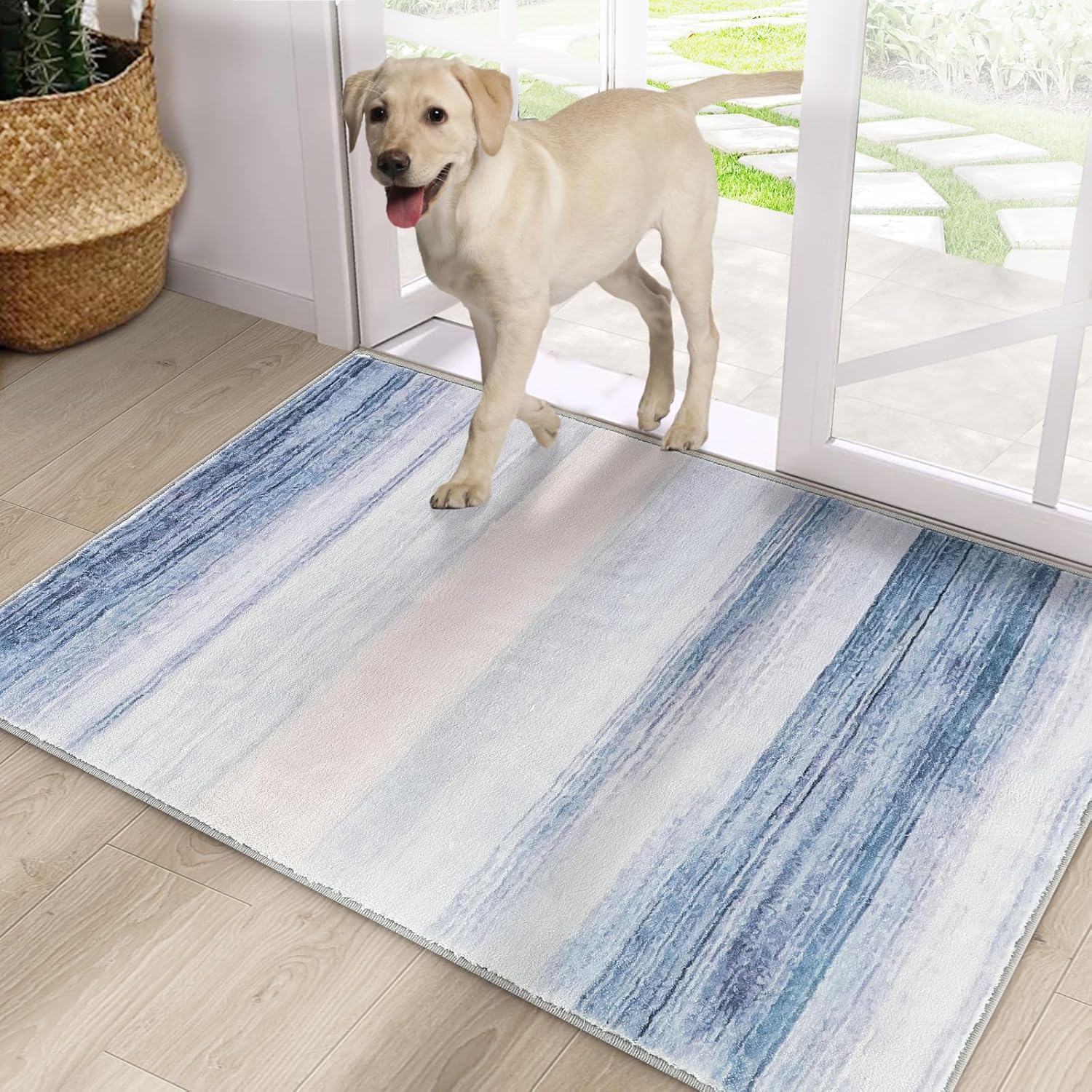 Door Mat, Front Indoor Door Mat Faux Wool Non-Slip Entryway Rug Absorbent Abstract Throw Rug for Indoor Entrance Hallway Laundry Room, High Traffic Areas, 24X36 Inches, Blue Washable