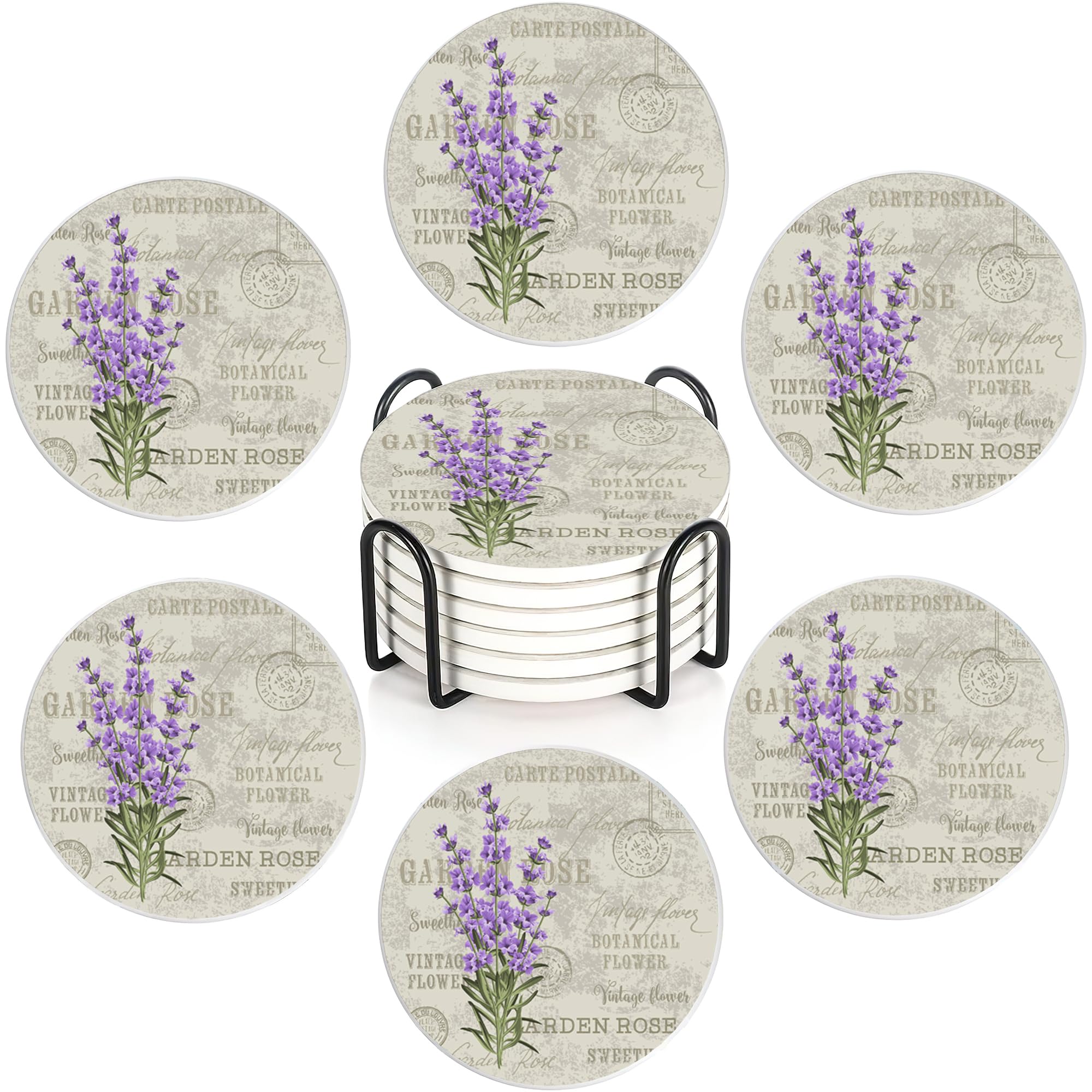 Vintage Lavender Flowers Drink Coasters with Holder,Ceramic Coasters for Tables, Cork Backed Drink Mats for Coffee/Wine,Kitchen & Office Accessories