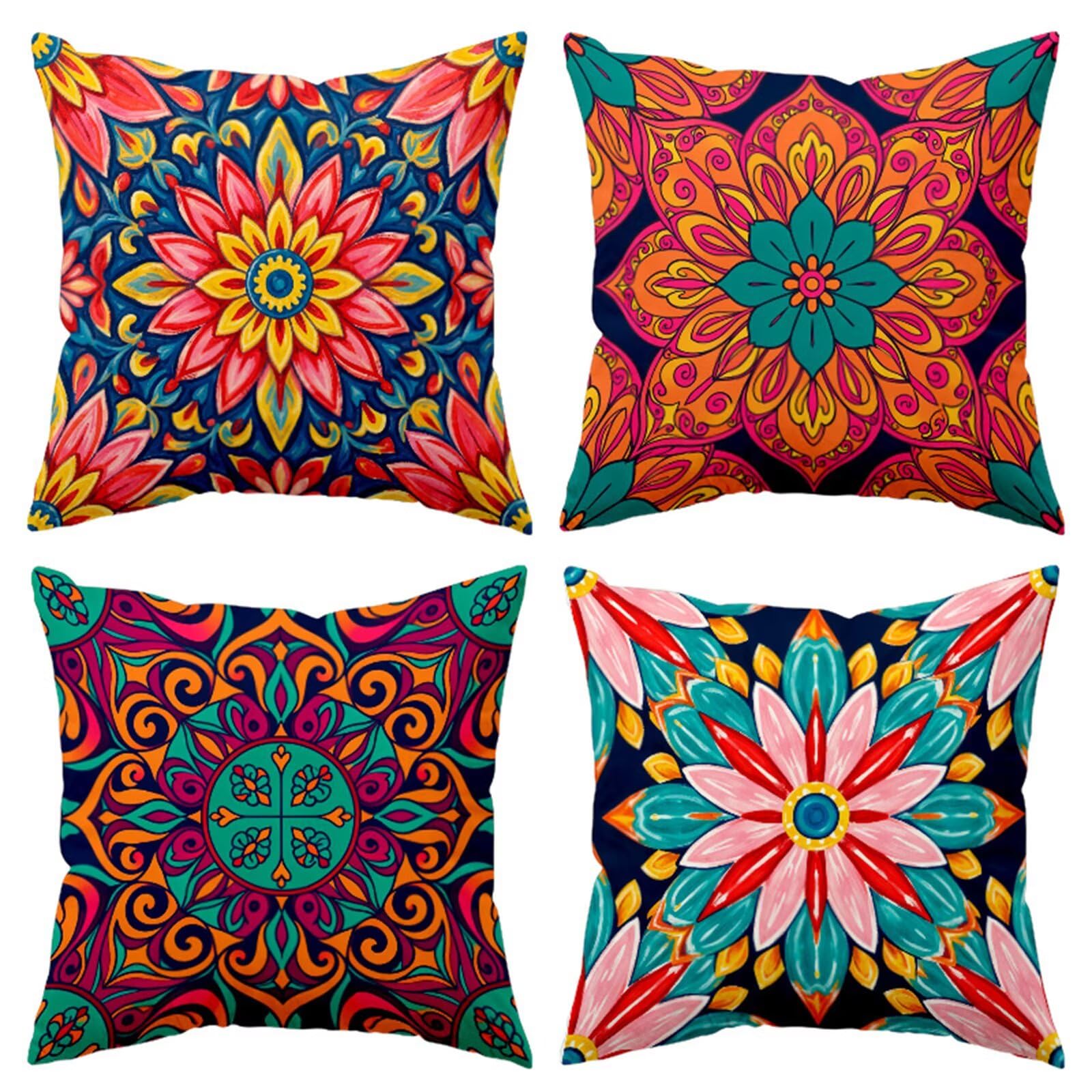 QiHon Pink Green Mandala Cushion Covers 30x30 cm Set of 4, Decorative Throw Pillow Cases, 12x12 inch Square Linen Pillowcases for Sofa Living Room Bedroo