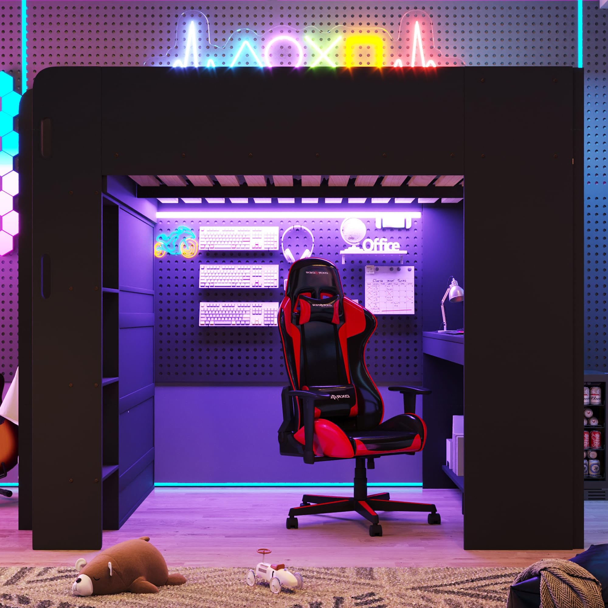 Letto a soppalco da gaming in legno, 140 x 200 cm, con scrivania, guardaroba, vano portaoggetti a più livelli, nero