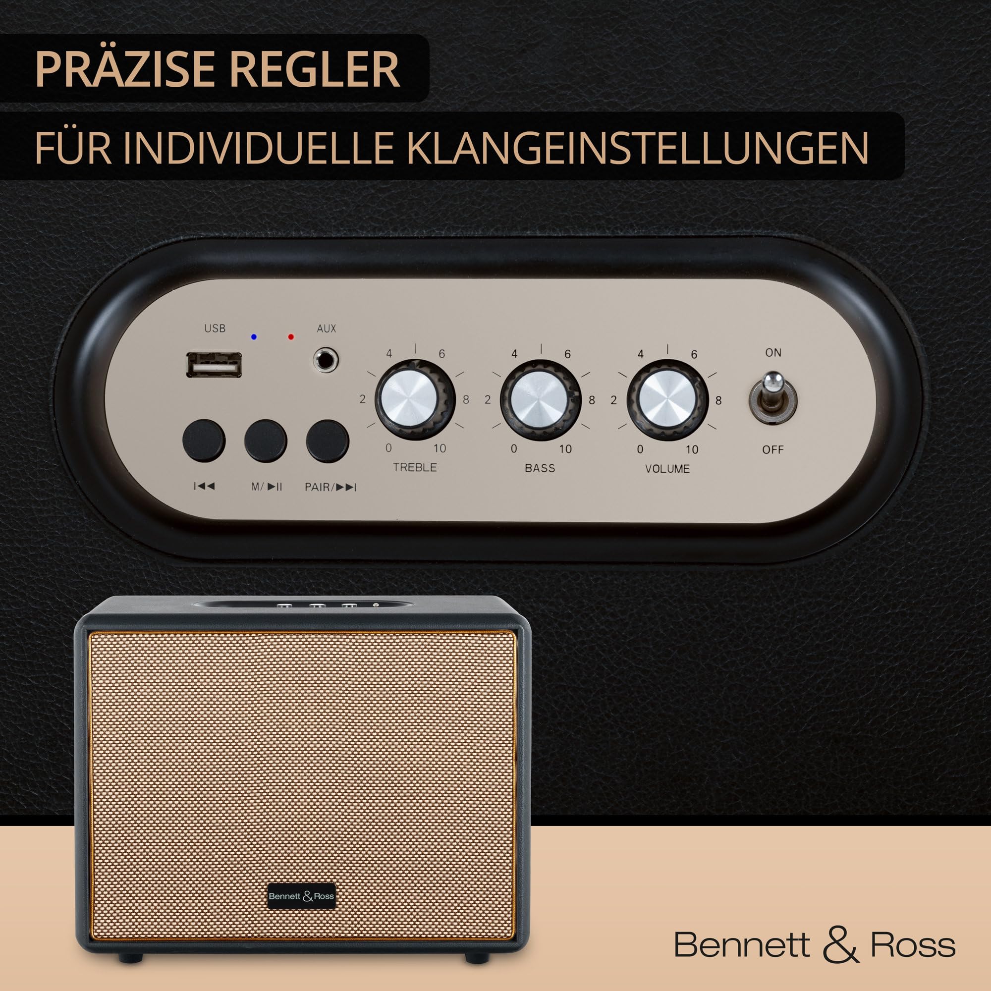 Bennett & Ross BB-880BK Blackmore Giant - Retro Bluetooth Lautsprecher in Lederoptik - TWS-Funktion - Vintage Speaker mit 2X 40W Leistung - USB-Eingang mit MP3-Player - Aux-Anschluss - Schwarz
