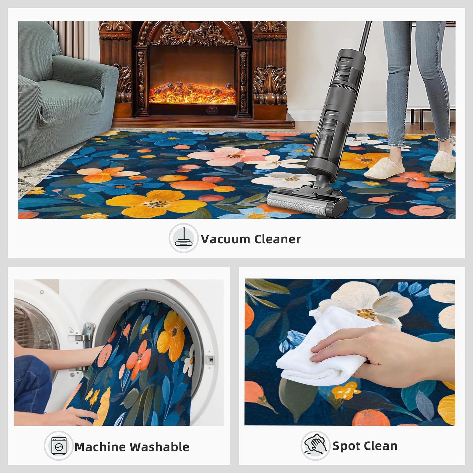 Tapis à motif floral pour décoration d'intérieur et cadeaux, 180 x 200 cm, tapis lavable pour chambre à coucher, tapis d'intérieur antidérapant et à poils bas, aquarelle rustique floral