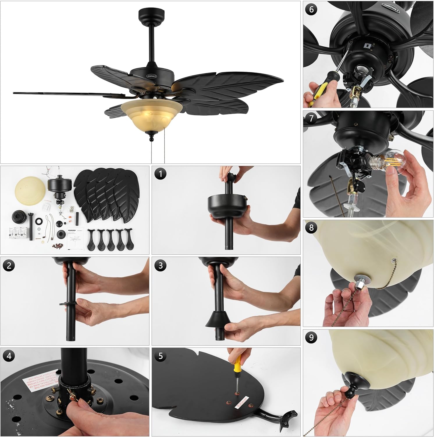 JONATHAN Y 52" Black Coastal Bohemian Palm Leaf LED Ceiling Fan, 3-Light Rustic Wood Blades with Pull Chain for Living Room, Frosted Glass Shade, LED Bulbs Included JYL9720A