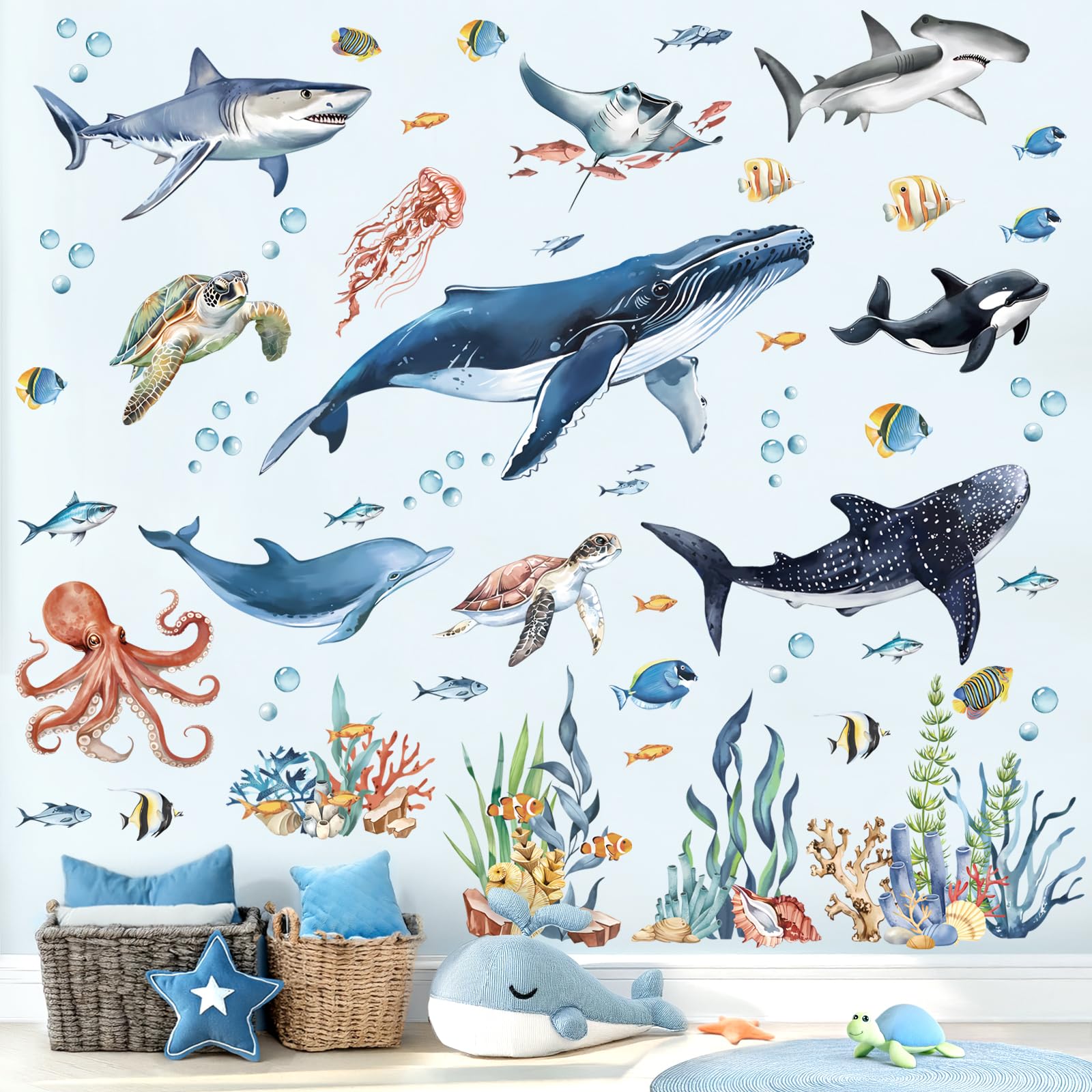 decalmile Under The Sea Fish Wall Decals Ocean Animal Sea Turtle Seaweed Whale Wall Stickers Bathroom Baby Nursery Bedroom Living Room Wall Decor