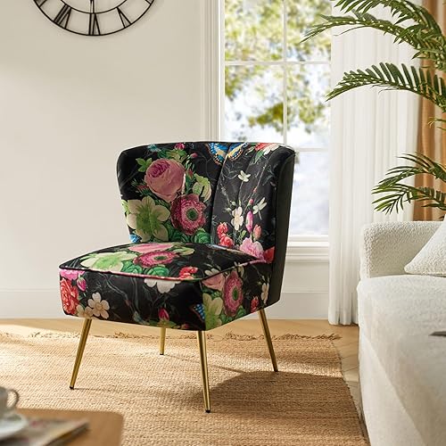 Miniatura 6 de HULALA HOME Silla decorativa con patas de metal dorado, cómoda silla de sala de estar, silla auxiliar pequeña sin brazos de tela floral para