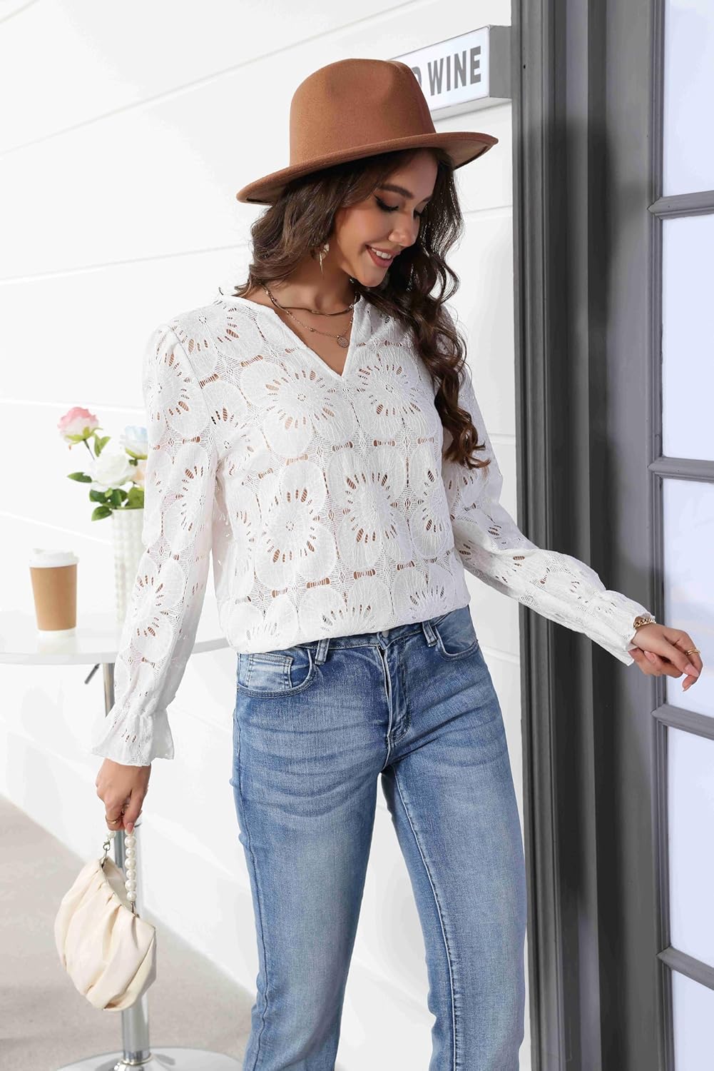 HYTENSUN Women's Casual Lace Blouse – Long Sleeve Floral Eyelet Crochet Top Boho Chic V-Neck Lightweight Romantic Shirt - Image 3