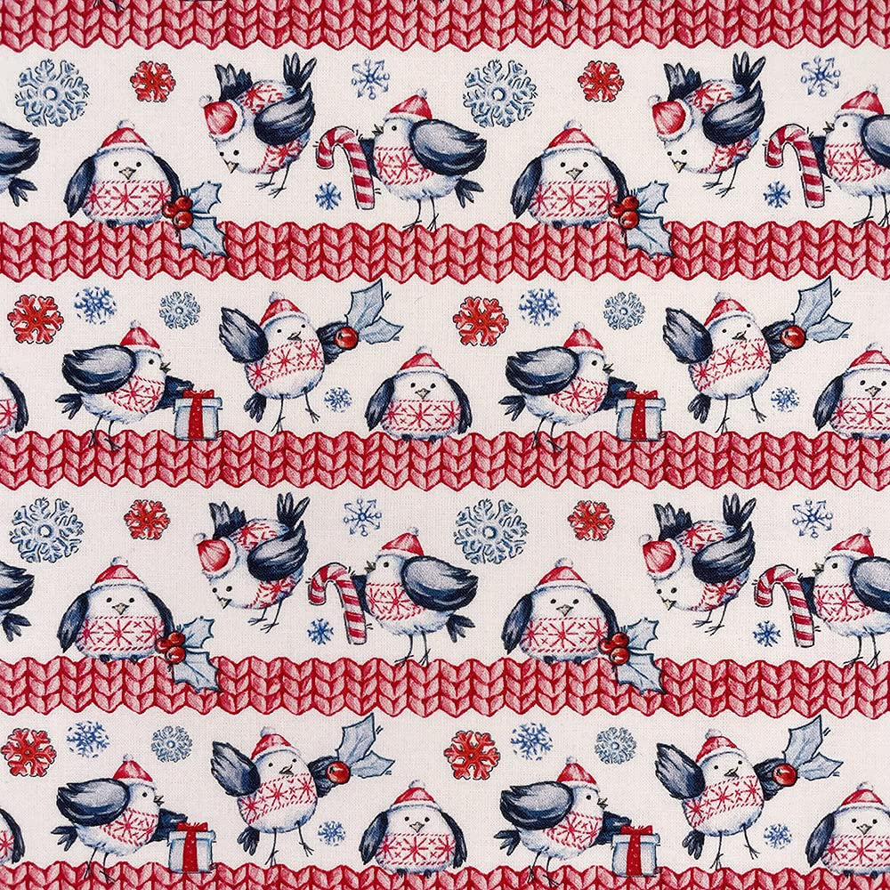Cotton Fabric - Christmas Jolly Robins - 140 cm Wide 100% Cotton Material