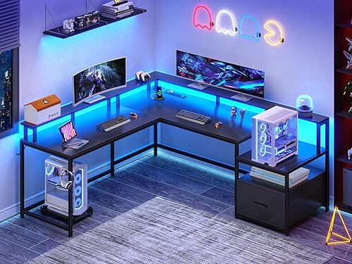 Miniatura 2 de SEDETA Escritorio para juegos en forma de L, escritorio de oficina en casa de 66 pulgadas con cajón de archivos y toma de corriente, escritorio de