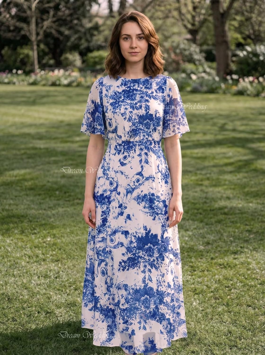 Flower Embroidery Tea Length Mother of The Bride Dresses Short Sleeves A-Line Formal Gowns for Prom Wedding Guest DR0590T