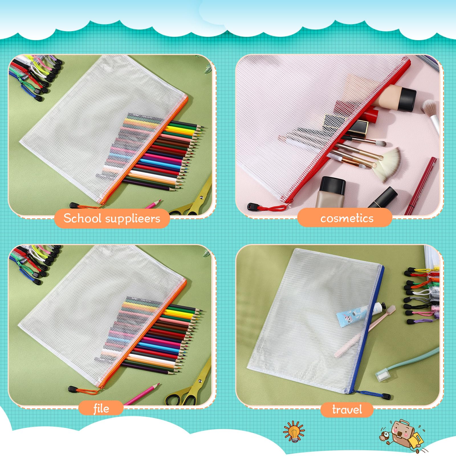 Zhehao 250 sacchetti in rete con cerniera per matite, sacchetti trasparenti in rete con cerniera, formato A4, 33,5 x 24 cm, impermeabili, organizer per documenti, cartelle in plastica per aule e