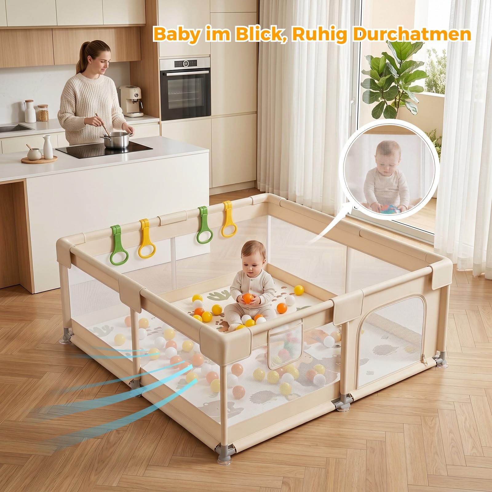 Beige Laufstall Baby mit Matratze - 150×150cm Laufgitter Baby mit Atmungsaktivem Netz und Rutschfeste Saugnäpfe, Laufstall xxl mit und 4 Zugringen
