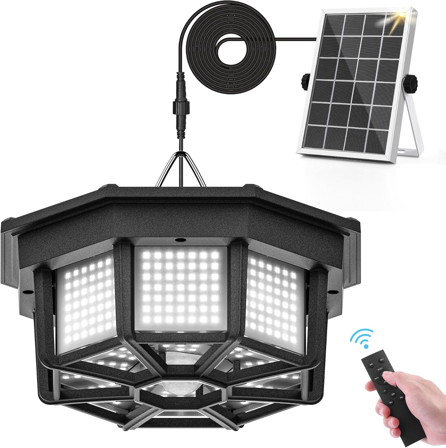 Solar Shed Light Indoor Outdoor 1200LM Solar Powered Pendant Daywork Light 288LED 8-Faces Motion Sensor with 5 Lighting Modes & Remote Control for Gazebo Garage Patio Barn Shed House