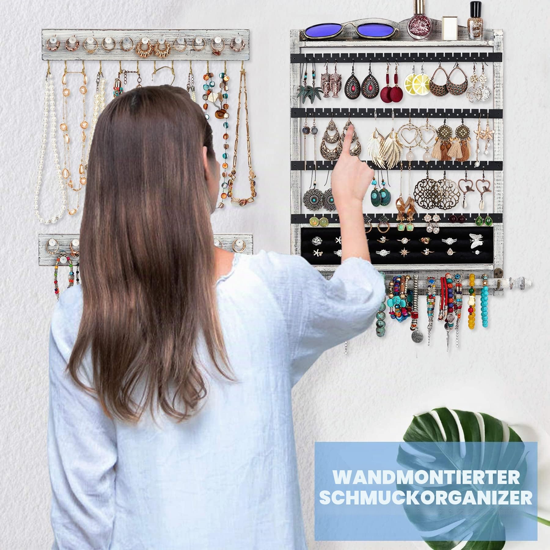 Wand-Schmuck-Organizer, rustikaler Holz-Hänge-Organizer, 3er-Set, große Aufbewahrung für Halsketten, Armbänder, Ohrringe, Weiß | Rustikaler Schmuck-Organizer und Aufbewahrung, Wand-Schmuckaufhänger für Zuhause, Schmuckaufbewahrung