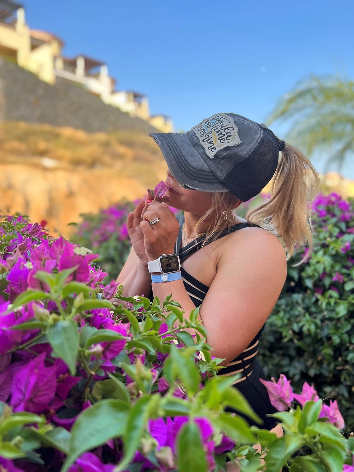 Funky Junque Women's Distressed Ponytail Mesh Trucker Cap - Criss Cross Elastic Bands