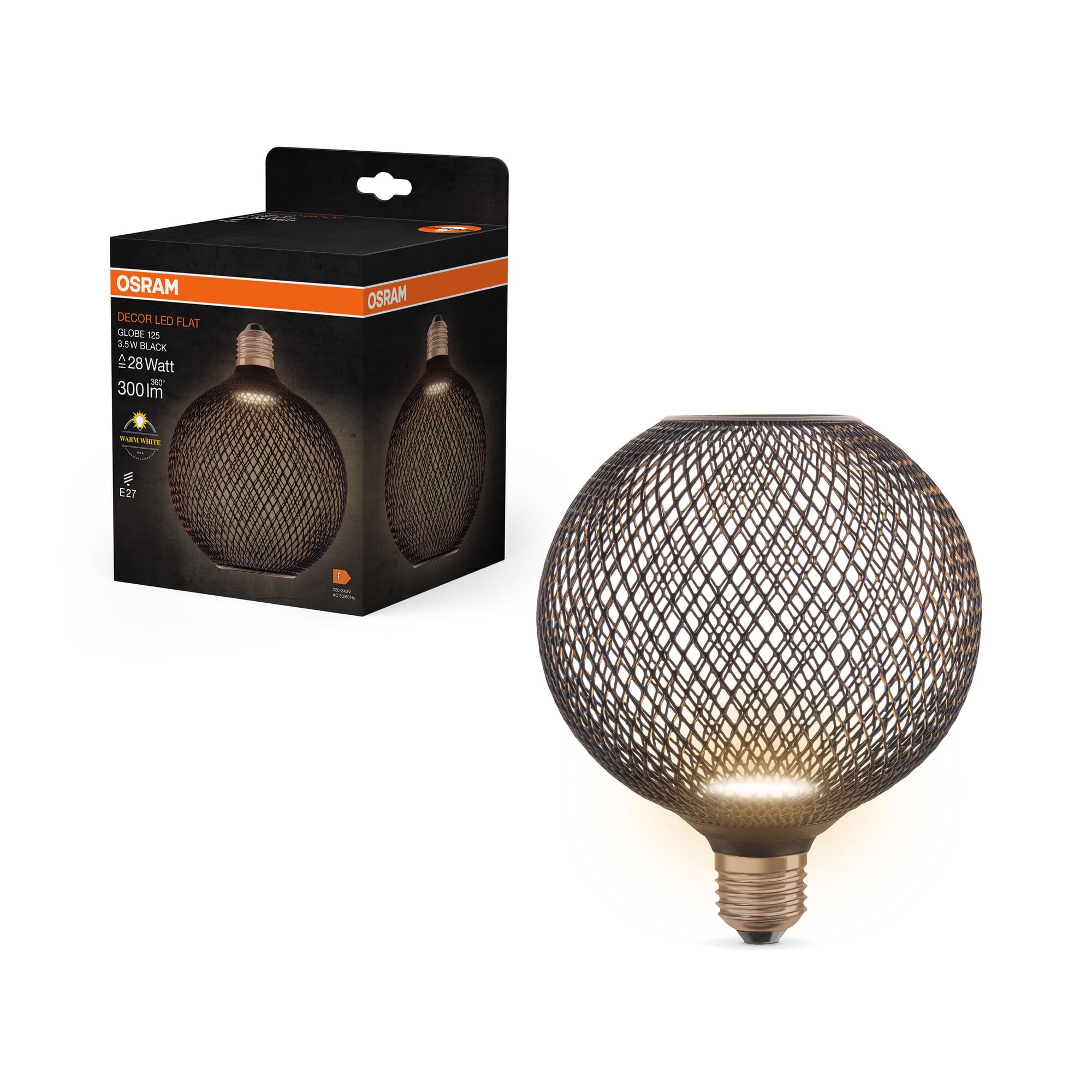 OSRAM DECOR LED FLAT GLOBE è una lampada piatta rotonda da 3,​5W, 300lm/​2700K, in bianco caldo 827, satinata, in plastica nera, con filettatura E27, non dimmerabile, diametro 125 mm.