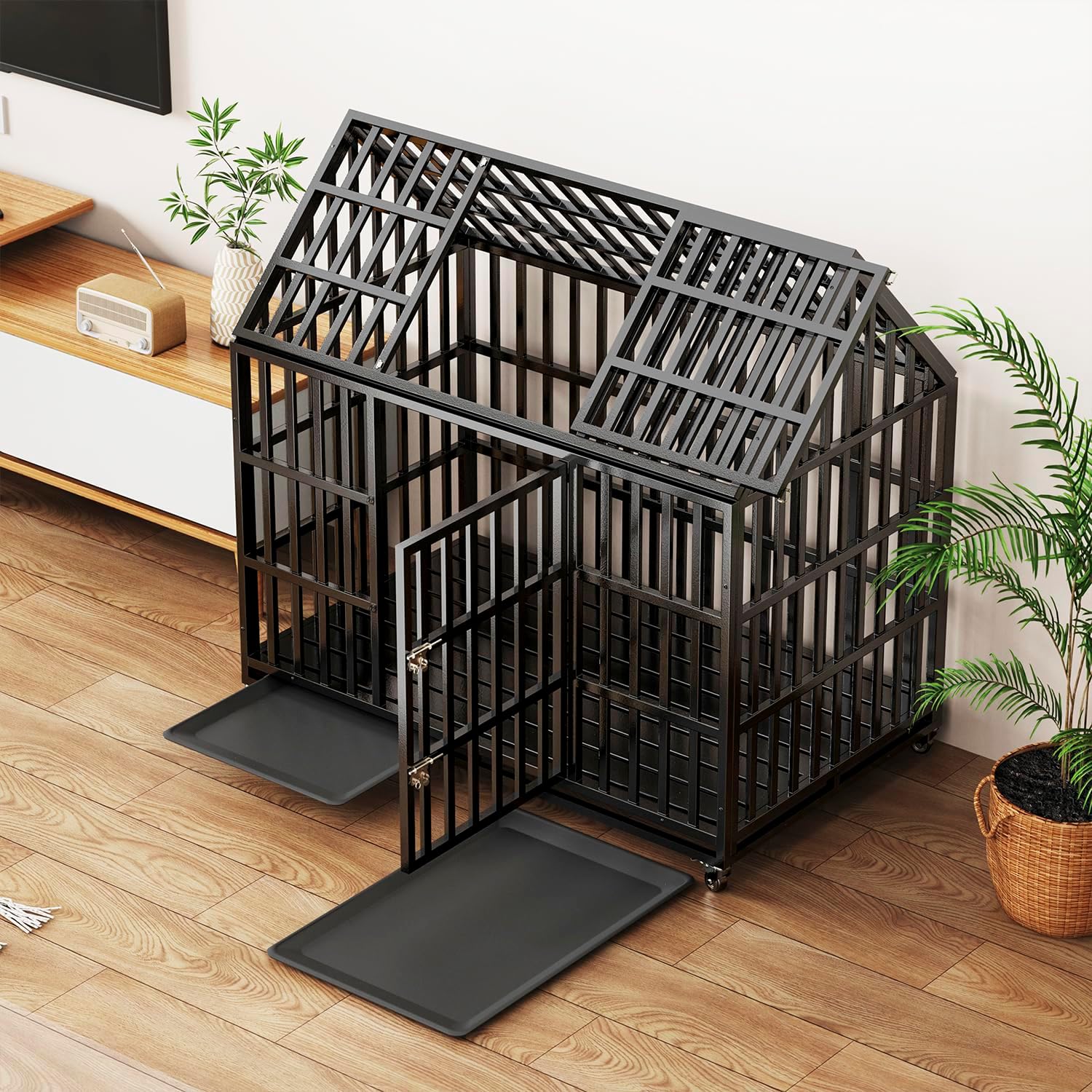 50 Inch Large Heavy Duty Dog Crate with 2 Bowls, Indestructible Pet Kennel with 4 Lockable Wheels and 2 Trays, Escape-Proof Impact Cage for High Anxiety Large Giant Dogs, XL/XXL