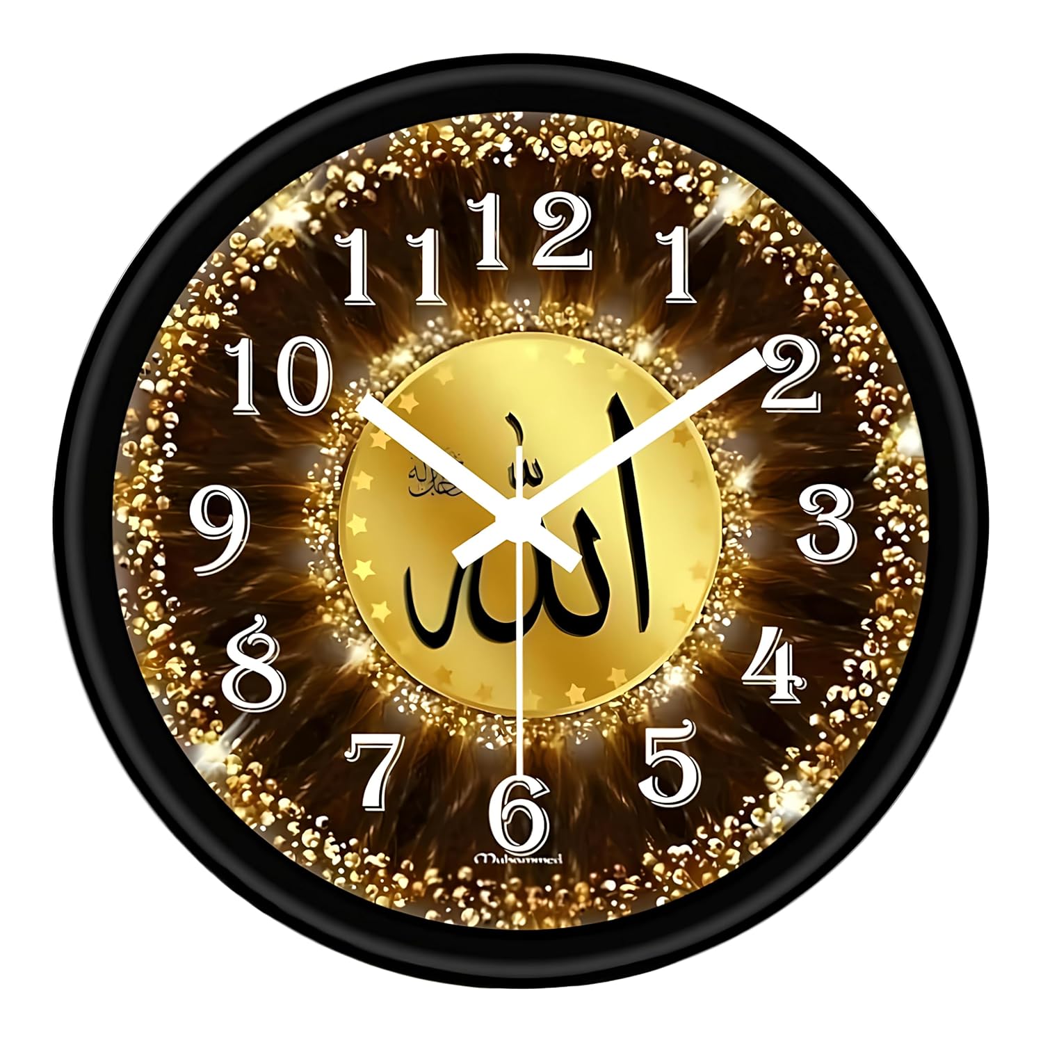 Glass Islamic Analog Wall Clock with Arabic Calligraphy, Golden Design, Black Frame, 10×10 inch