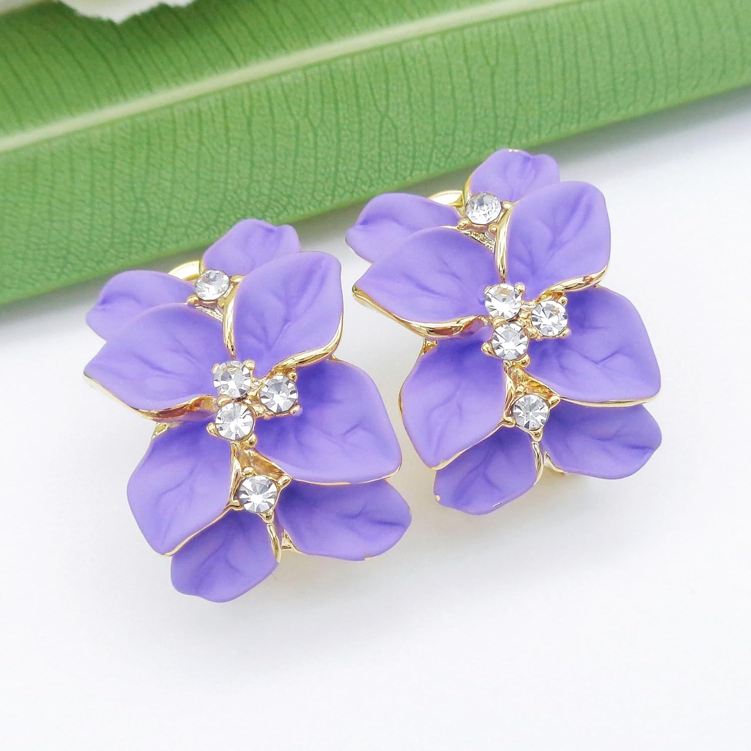 Navachi 18k Gold Plated White Crystal colorful Enamel Leaves Flower Omega Back Earrings - Image 5