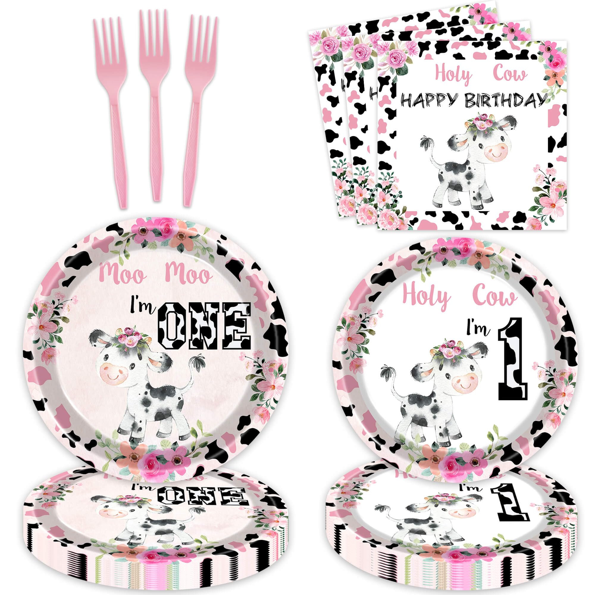 80 Pcs Holy Cow I'm One Girls Birthday Decorations Moo Moo I'm One Paper Dinner Plates Napkins Forks Dinnerware for Farm Animals Cow Themed Girls Baby