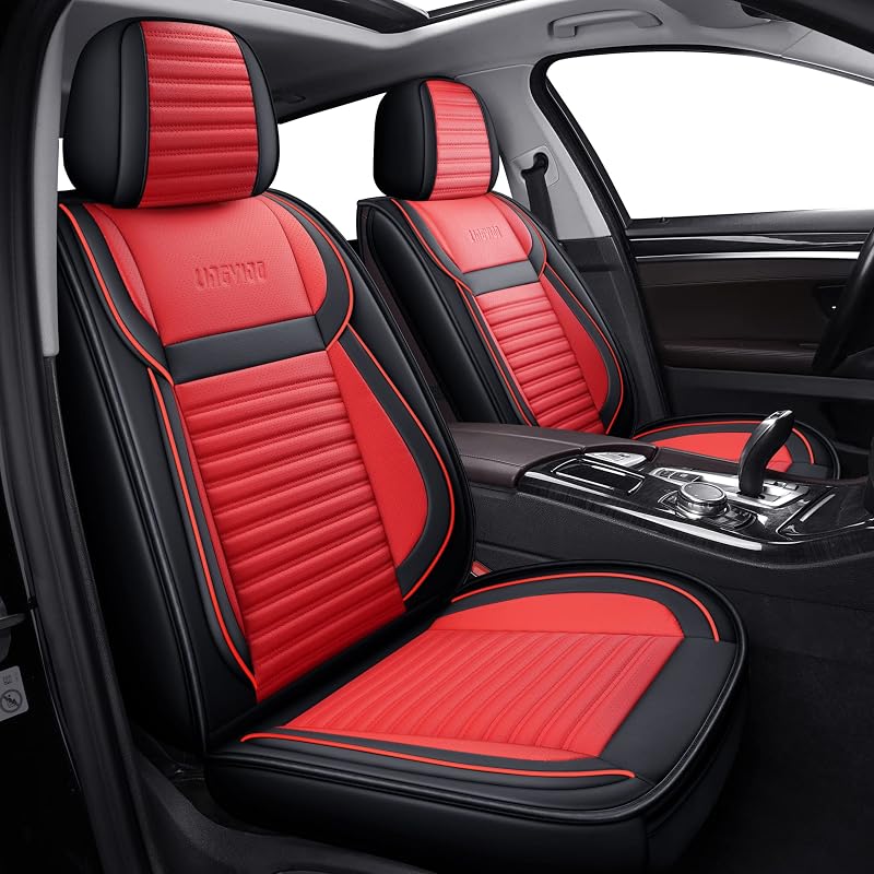LINGVIDO Kit Completo de Capas para Bancos Automotivos em Couro Sintético Nappa Vermelho e Preto