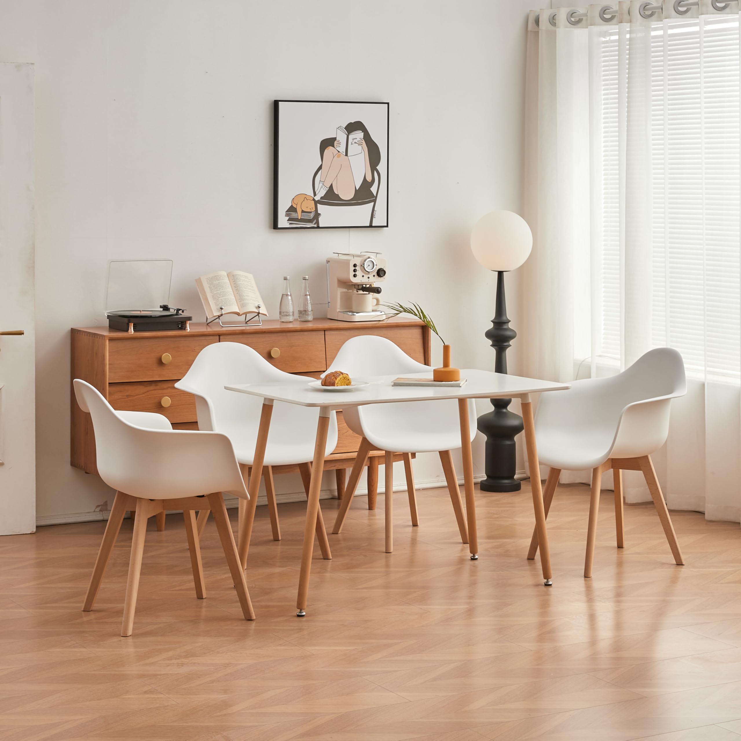 GrandCA HOME Lot de 4 Chaises de Salle à Manger Fauteuils avec Pieds en Bois, Siège en Polypropylène Premuim, Chaises de Cuisine avec Accoudoir pour Salon, Salon Bureau (4, Blanc)