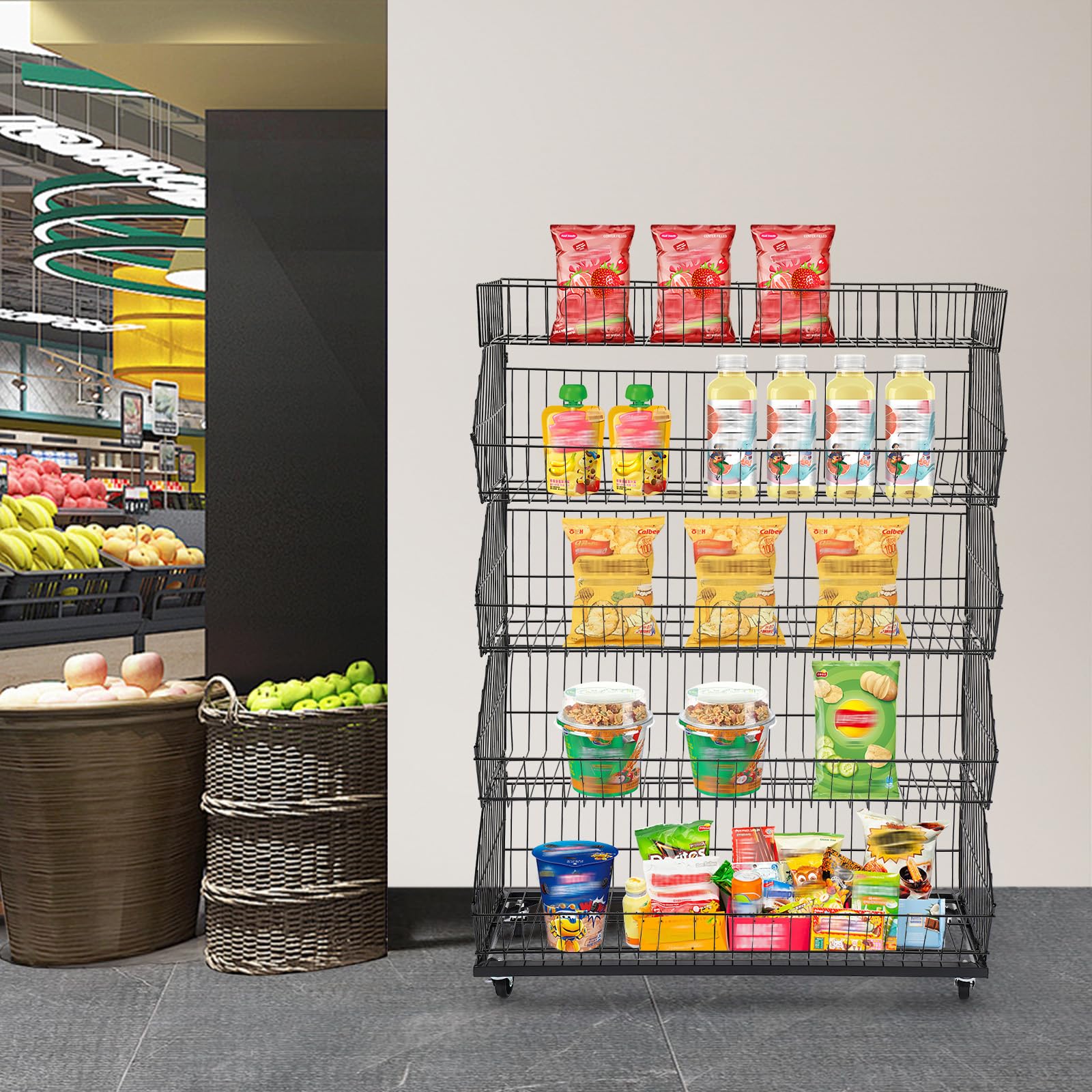 Estante de exhibición de dulces, organizador de bocadillos apilable, estante de exhibición minorista, canasta de bocadillos de frutas y verduras, estante de mercado, soporte de exhibición de bocadil