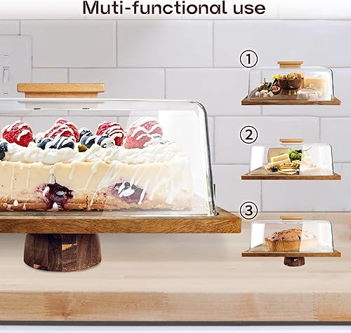 Miniatura 2 de NWK Soporte para pasteles de madera de acacia 3 en 1 con cúpula rectangular de 15.5 x 12 pulgadas, plato rústico de postre con base, plato para