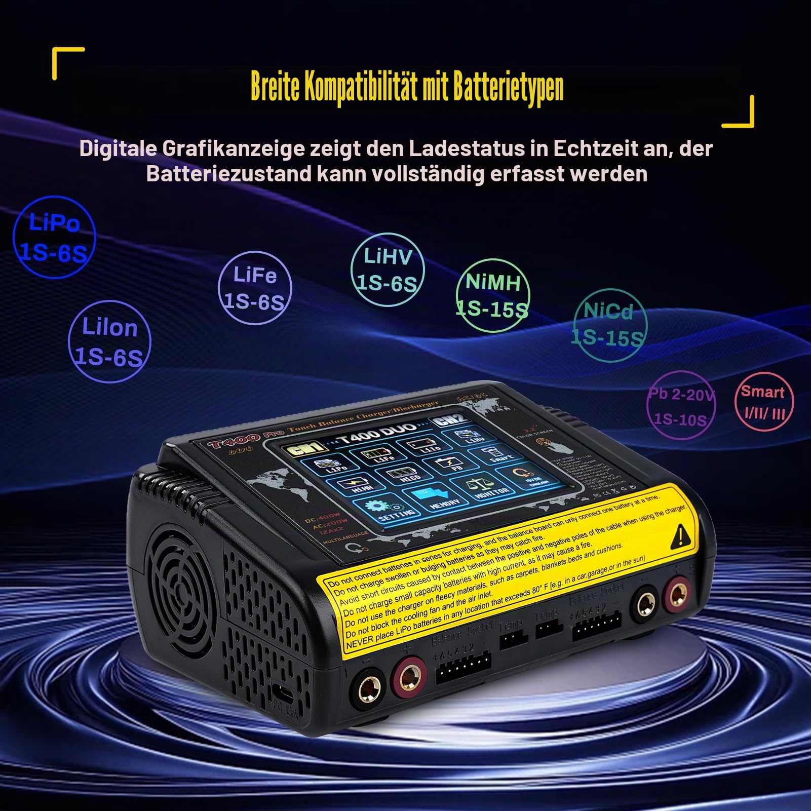 Lipo ladegerät mit Balancer RC ladegerät lipo Charger DC/AC dual Charging 11-18V 400W AC 100-240V 200W Auto Erkennung LiPo/Lilon/Life/NiMH/NiCd/PB/NiMH 3,2 Zoll LCD Touchscreen 12A (T400)