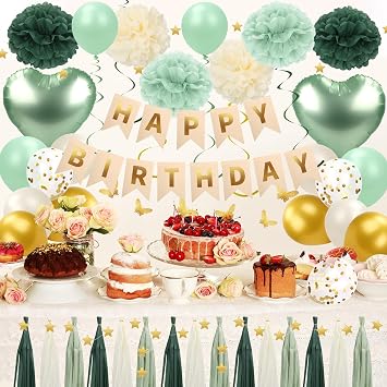 Sage Green Birthday Decorations Green Party Decorations Set for Women Girls | with Happy Birthday Banner Balloons Hanging Swirls Pom Poms Balloons for Party Decor office Home Bars Easy to Assemble