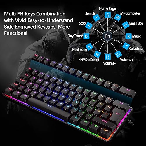 Miniatura 5 de Teclado mecánico para juegos y mouse ligero de panal con retroiluminación RGB arco iris, 61 teclas, ergonómico, programable, con cable, USB para