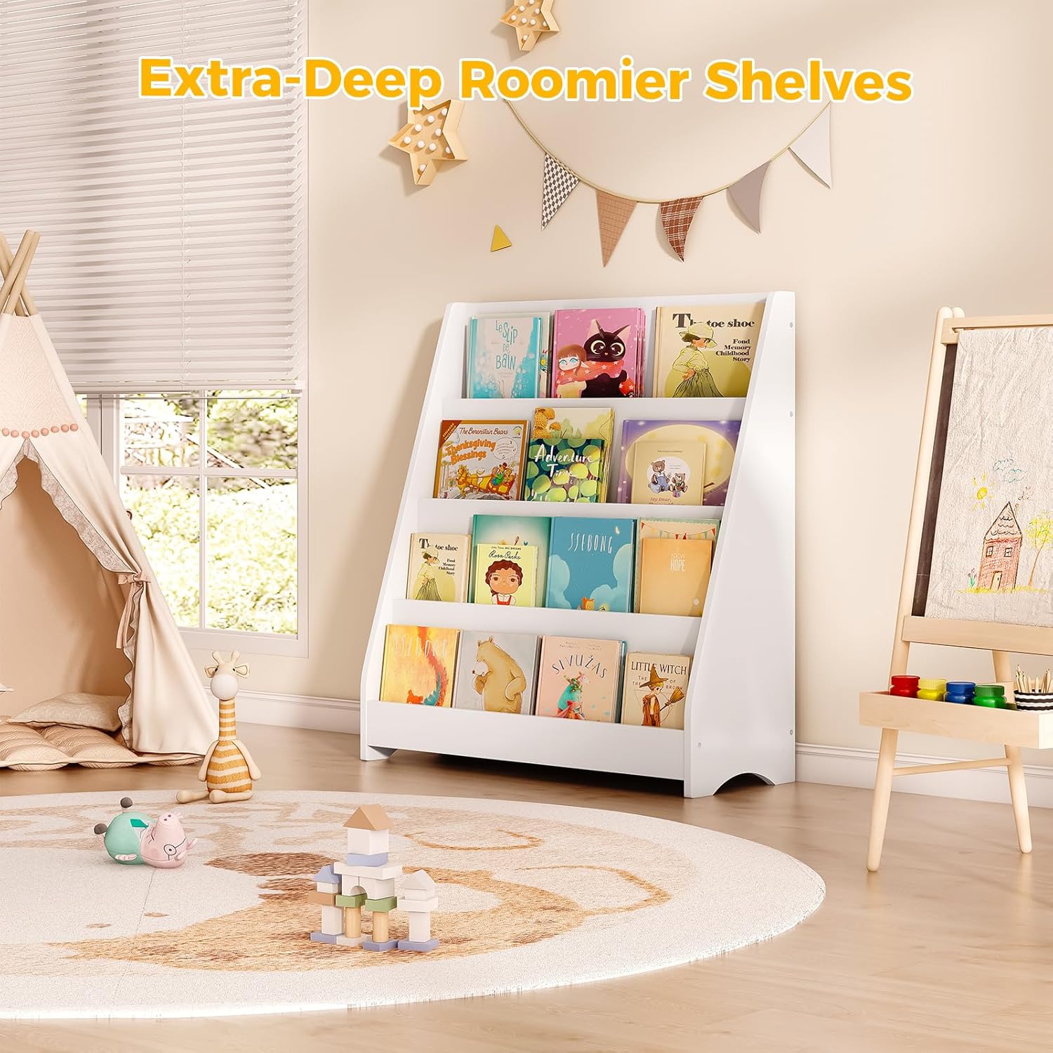 Tatub 4 Tier Kids Wooden Bookshelf, Toddler Sling Bookcase Montessori Bookshelf, Children Front Facing Book Shelf for Nursery, Playroom and Classroom, White - Image 6