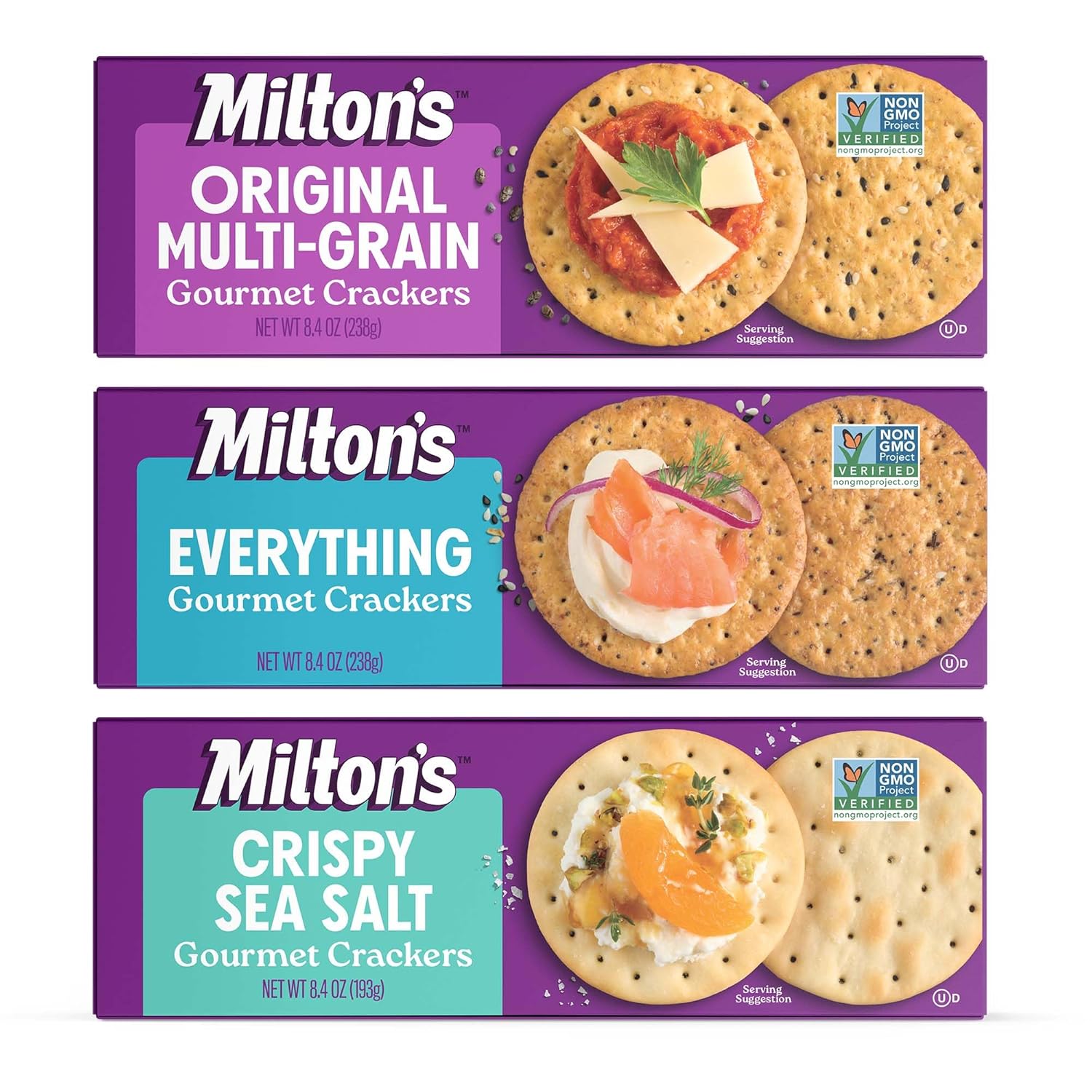 Milton’s Gourmet Crackers Variety Bundle (Original Multi-Grain, Everything, Crispy Sea Salt) – Non-GMO Project Verified, Natural Ingredients, Kosher, Great for Charcuterie Boards – 8.4 Oz, Pack of 3