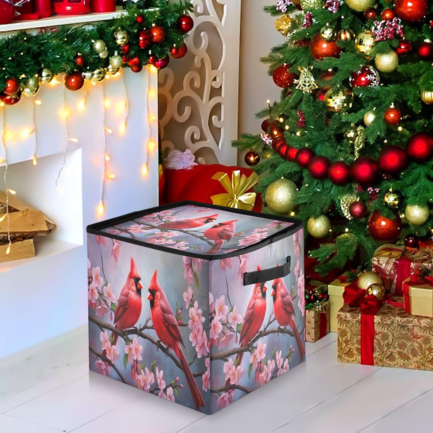 Cardinal Bird Pattern 13 Inch Christmas Ornament Storage Box with Lid - Holiday Decor Storage Containers, Stores 64 Ornaments, 3 Inch Cube Compartments
