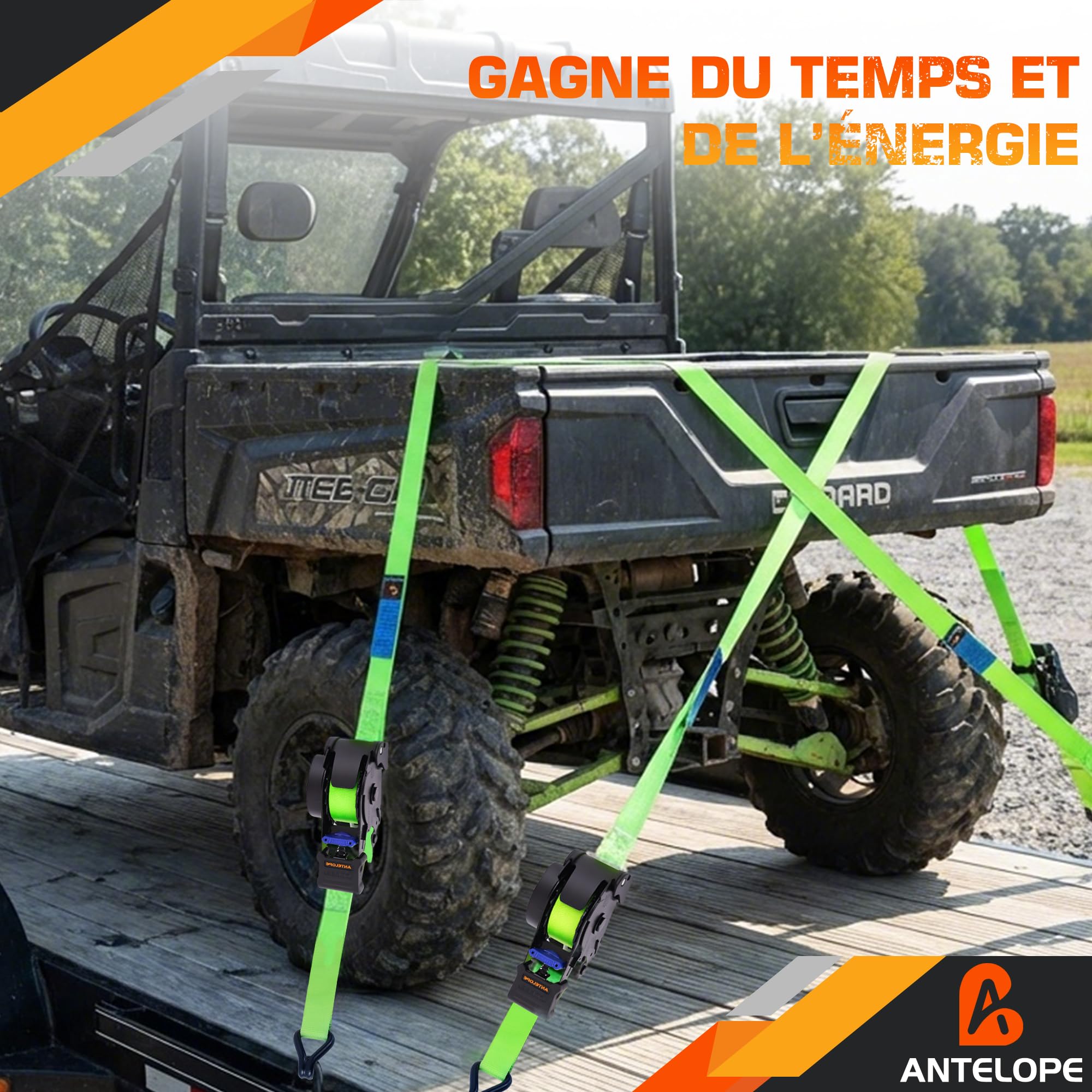 A ANTELOPE Cinghia di serraggio automatica 3,6 m x 25 mm, 4 pezzi Avvolgitori automatici per cinghia di tensione, 340 kg/680 kg, cinghie retrattili con cricchetto e ganci per moto, kayak e camion