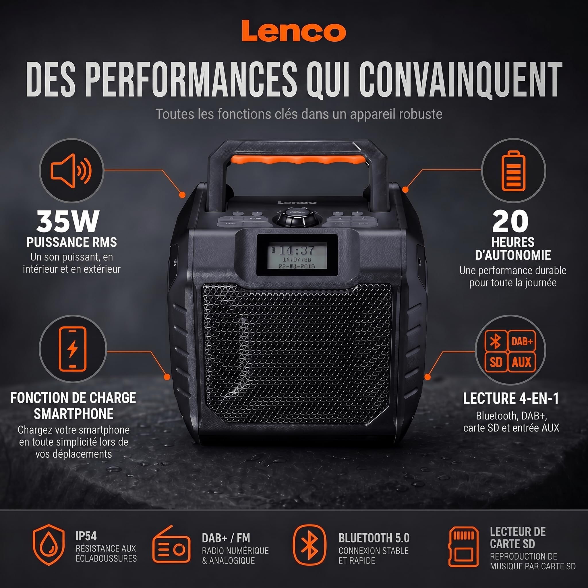 Lenco ODR-160BK Radio Dab+/FM, Haut-Parleur Bluetooth, Antichoc et étanche, Lecteur de Carte SD, AUX-in, 35 W RMS, autonomie de la Batterie 20 Heures, Fonction de Charge USB