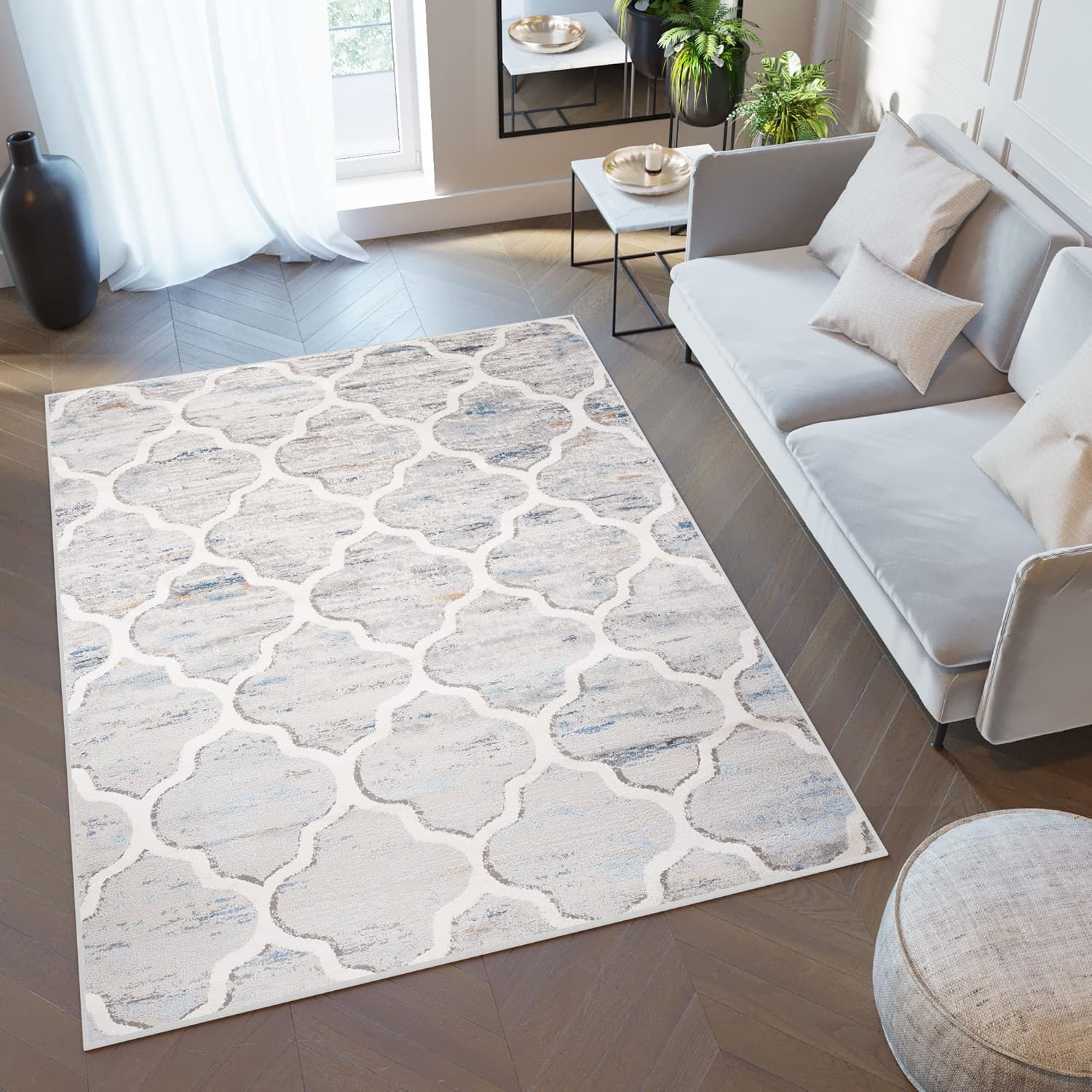 TAPISO Dywan Valley z krótkim włosiem, nowoczesny, marroko, szary, beżowy, niebieski, wielokolorowy, liść koniczyny, do sypialni, salonu, biura, design 300 x 400 cm