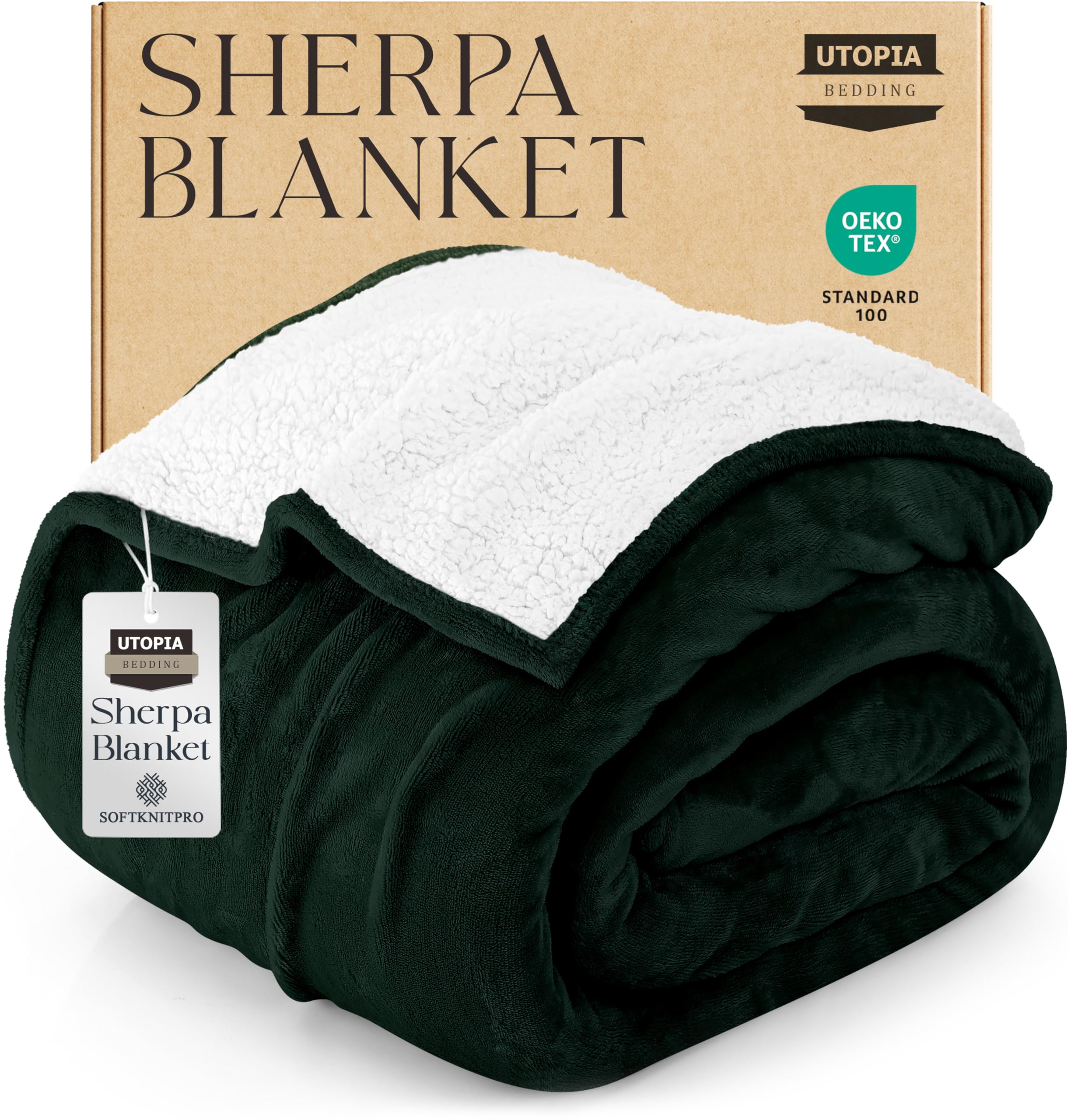 Bedding Sherpa Blanket Queen Size (Forest Green, 90x90 Inches) - Soft Plush Fleece Reversible Blanket for Bed, Sofa, Couch, Camping and Travel