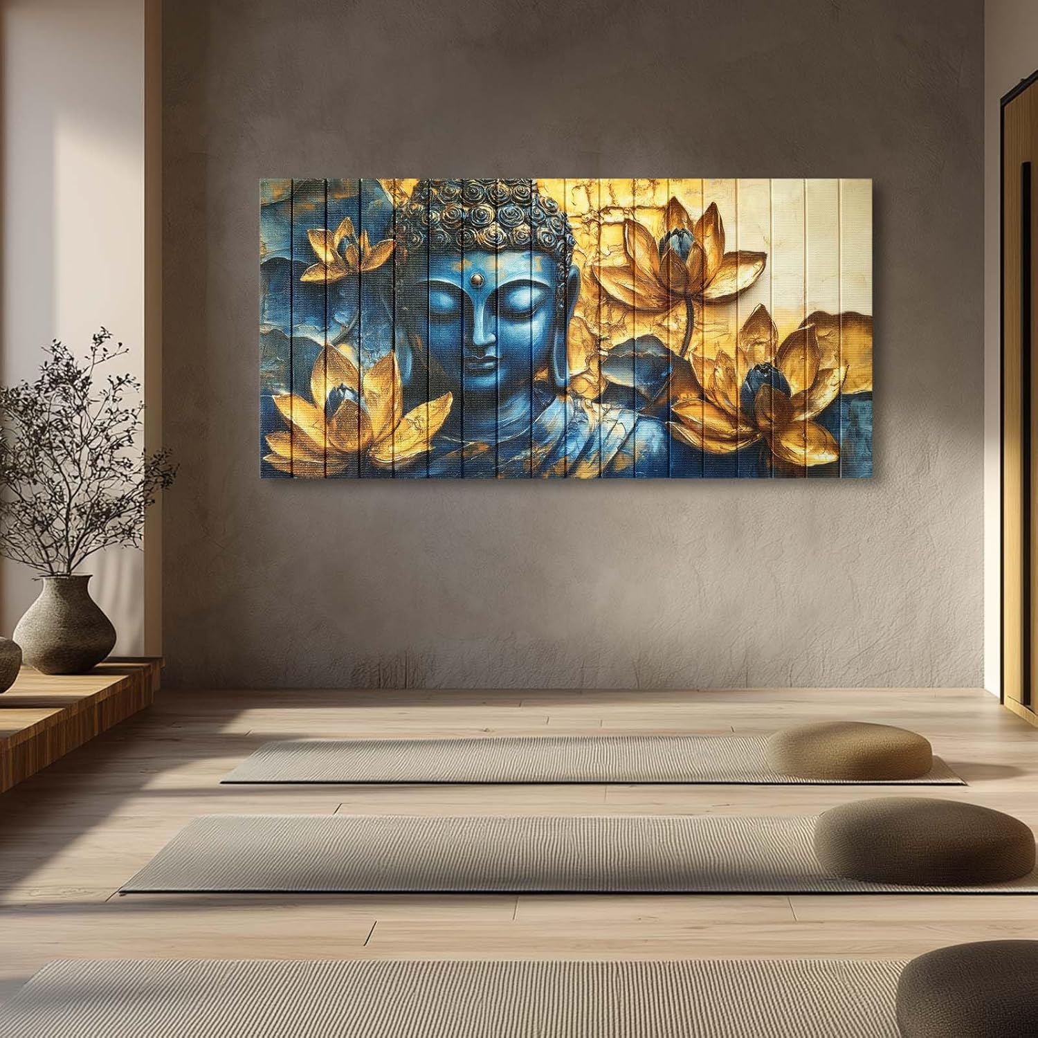 llribbons Vintage Buddha Wall Art Zen Lotus Flowers Canvas Ribbon Pictures Inspirational Wall Decor Handmade 3D Woven Textured for Buddhism Room Bathroom Bedroom Living Room Home Decor 20" x 40"